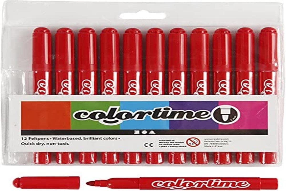 Colortime Fine Tip Markers - 5mm Line Width, Vibrant Red, 12-Pack Set for Art Projects, Note Taking & Office Supplies