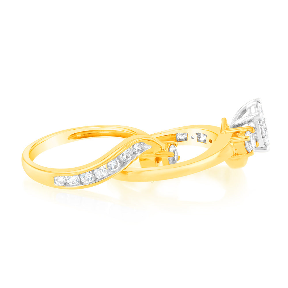 9ct Yellow Gold 2-Piece Bridal Ring Set with 25 Diamonds (Total 1 Carat) - Perfect for Engagement, Wedding & Anniversary Gifts