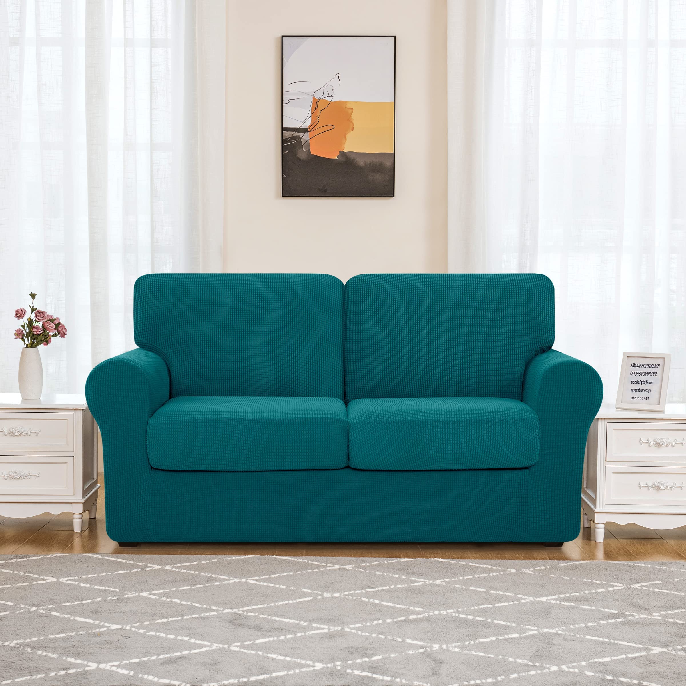SUBRTEX 5-Piece Loveseat Cover & 7-Piece Sofa Cover Set - Stretchable Couch Slipcovers with Separate Backrest & Cushion Covers - Turquoise Living Room Furniture Protector (Medium & Large Size) - Perfect for Home Decor, Pet Protection & Furniture Refresh
