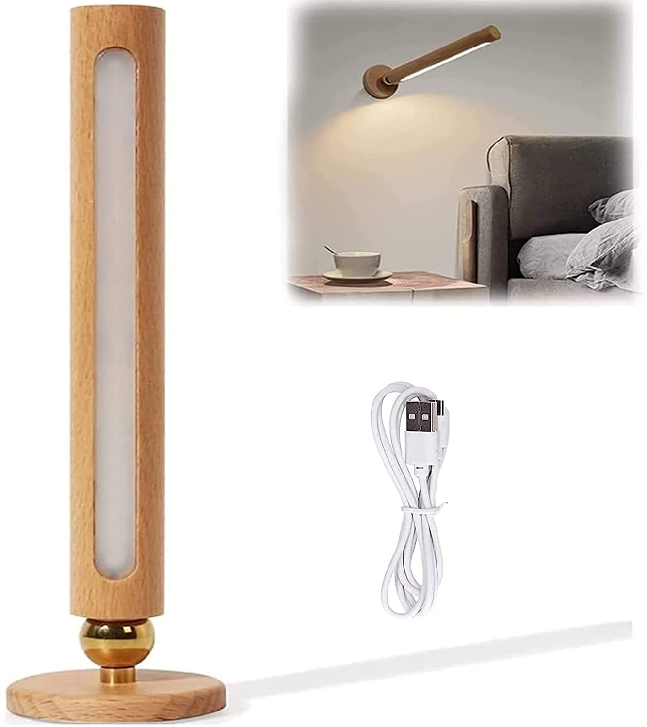 360° Rotatable Magnetic Detachable Wooden LED Wall Lamp with USB Rechargeable & Stepless Dimming - Perfect for Bedroom, Living Room, and Home Decor Night Light