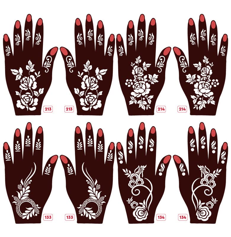 APCUTE Henna Stencil Kit - 8 Piece Full Hand Mehndi Design Set for Girls, Women & Kids | Easy to Use Temporary Tattoo Stickers for Parties, Weddings & Festivals (New Mehandi Designs 213-214-133-134)