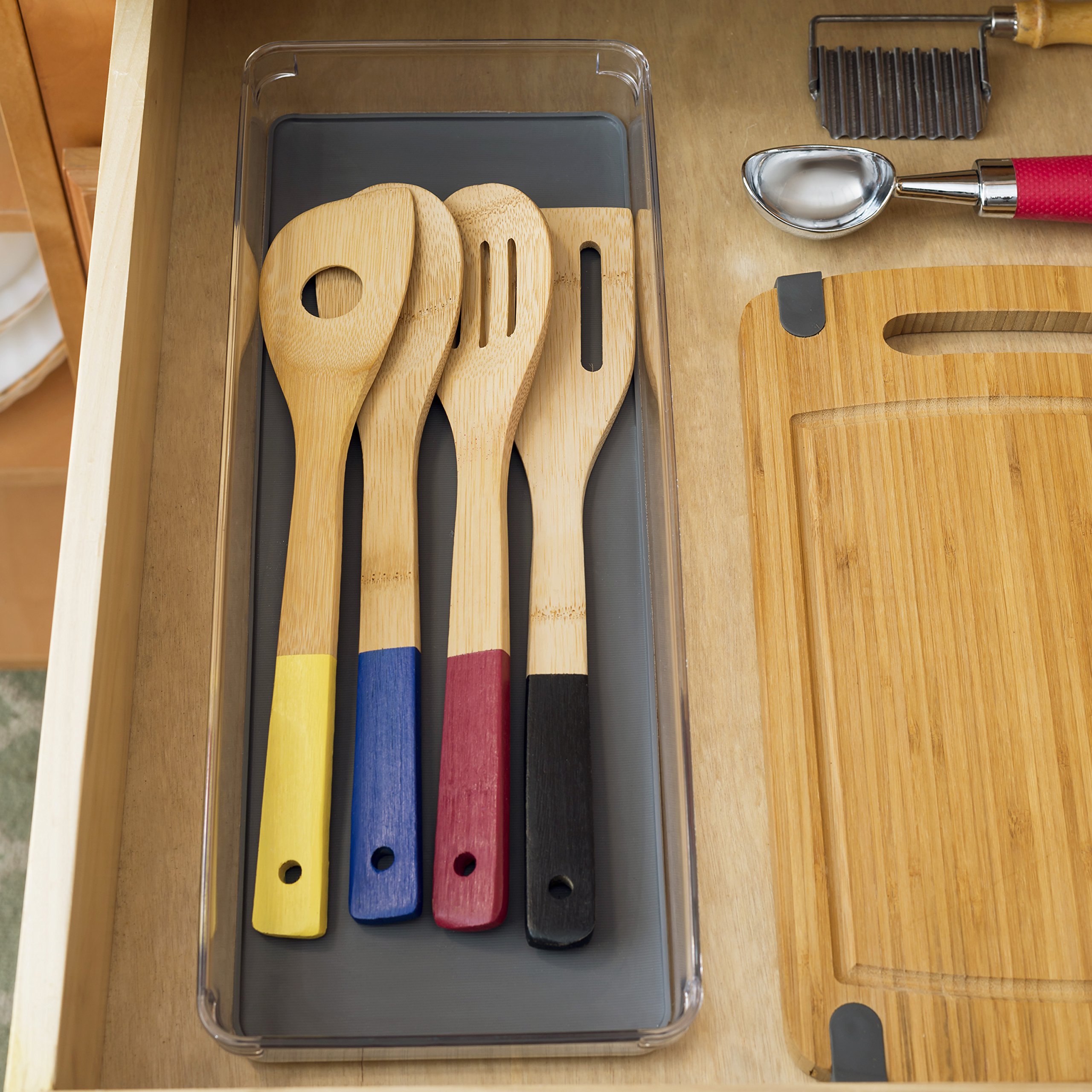 Clear Plastic Drawer Organizer with Non-Slip Rubber Base - Soft-Grip Lining & Rubber Feet for Secure Storage - Ideal for Kitchen Utensils, Office Supplies & Bathroom Organization