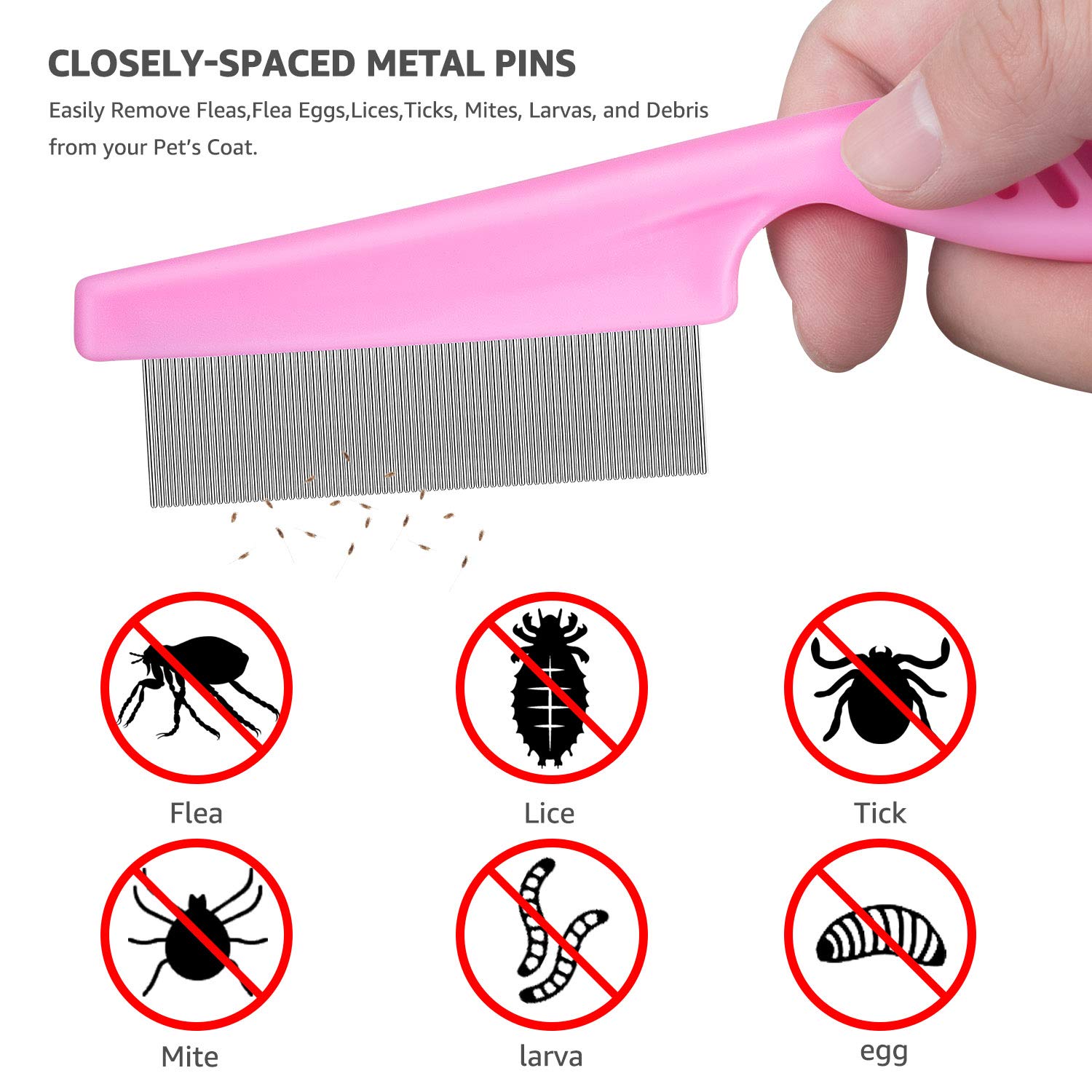 **Premium Metal Flea Comb for Cats & Dogs - Durable Lice & Tear Stain Remover, Detangling Pet Grooming Set with Storage Pouch (3-Piece, Pink) – Perfect for Daily Grooming & Removing Tangles, Dandruff, and Loose Hair**