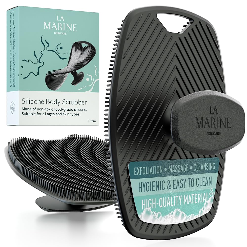 LaMarine Silicone Body Scrubber for Men & Women - Exfoliating Shower Loofah with Handle for Smooth Skin - Durable Bath Brush for Deep Cleansing & Dead Skin Removal - Perfect for Spa, Home Shower and Travel Use