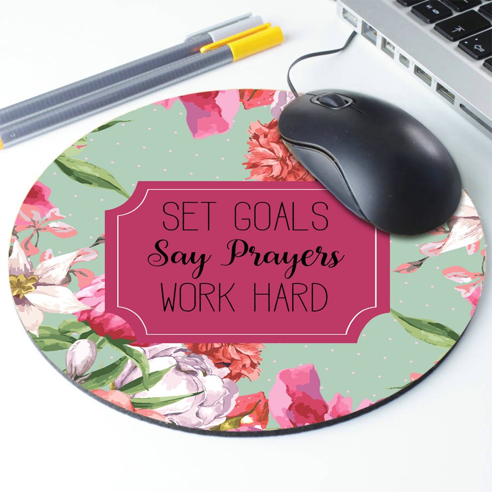 Inspirational Floral Mouse Pad with Motivational Quote - Set Goals Say Prayers Work Hard - Premium Neoprene Round Desk Mat for Office, Home, Gaming & Workstation