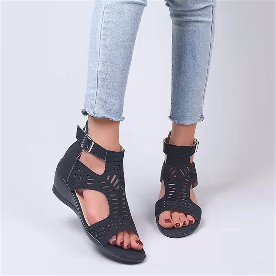 Women's Summer Wedge Sandals - Casual Round Toe Retro Style, Soft & Breathable Openwork Design, Available in Large Sizes | Perfect for Beach, Vacation, and Everyday Comfort