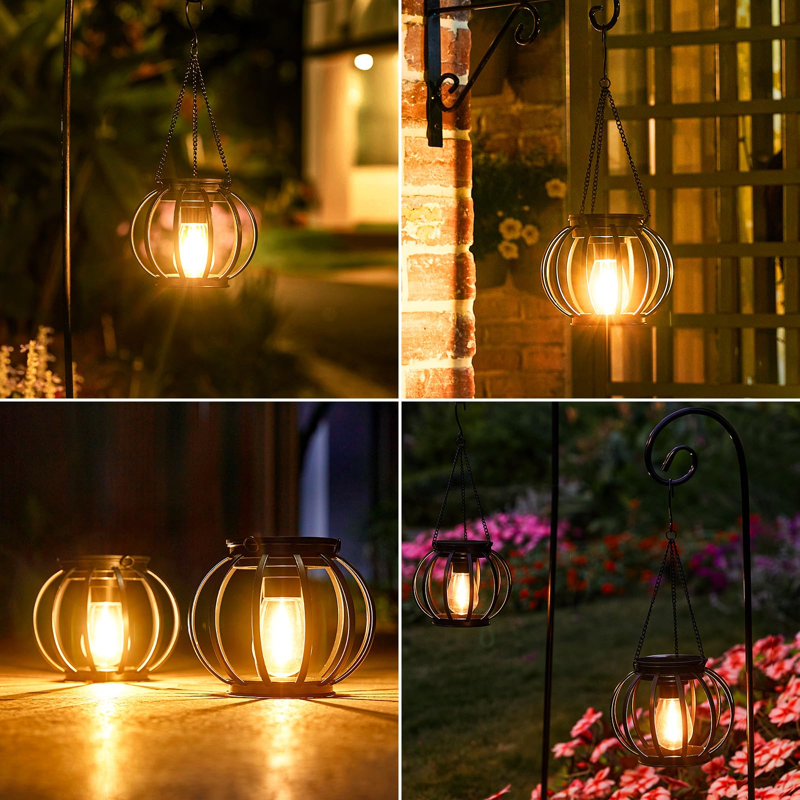 KOOPER 4 Pack Upgraded Solar Lanterns - Waterproof Outdoor Hanging Lights with Auto On/Off, Brighter Metal Solar Lights for Yard, Garden, Patio & Pathway Decor - Perfect for Camping, Backyard Parties & Evening Ambiance