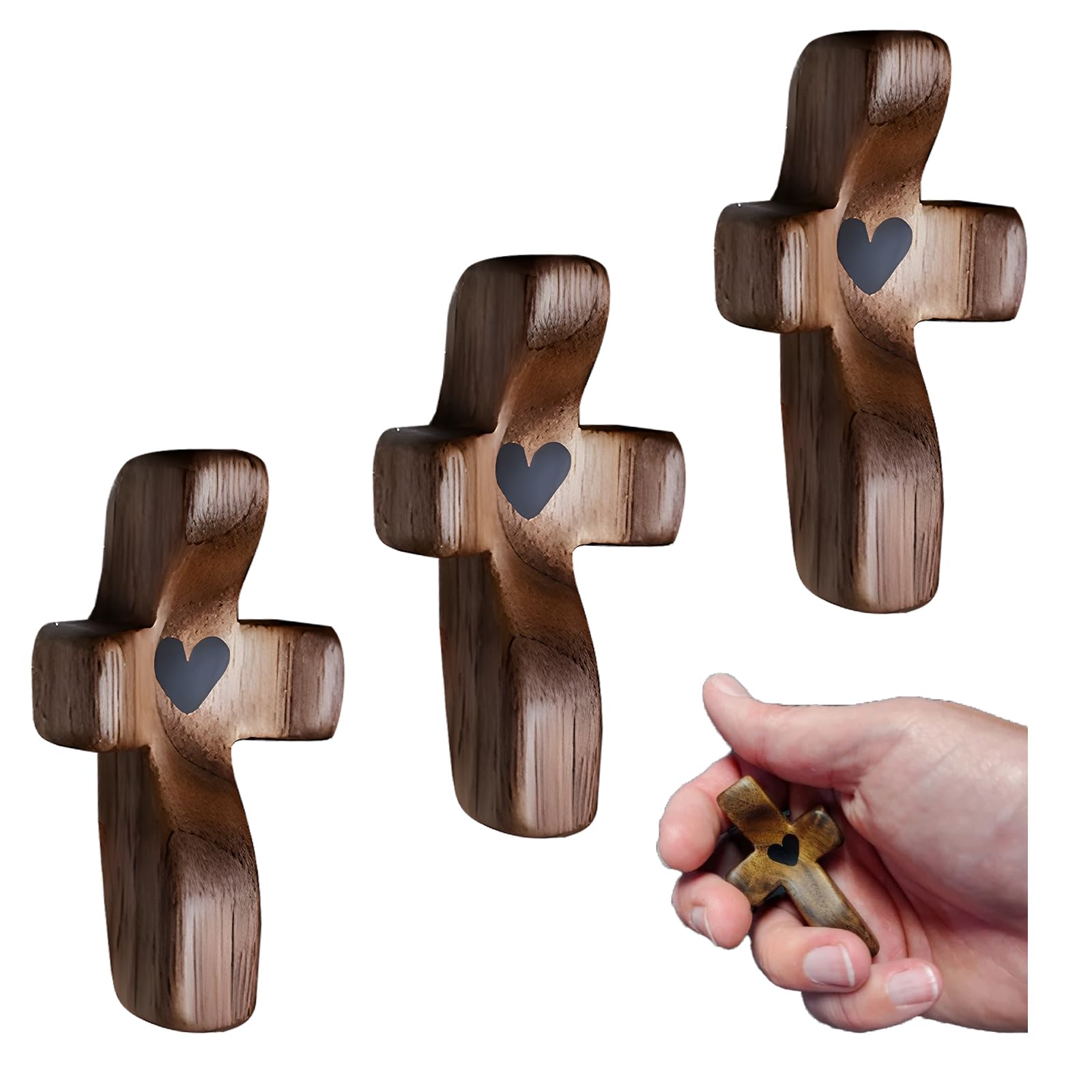 3 Pack Olive Wood Pocket Cross - Religious Gift for Adults & Kids, Anxiety Relief & Comfort for Praying, Holding & Clutching - Perfect for Church, Travel & Daily Encouragement