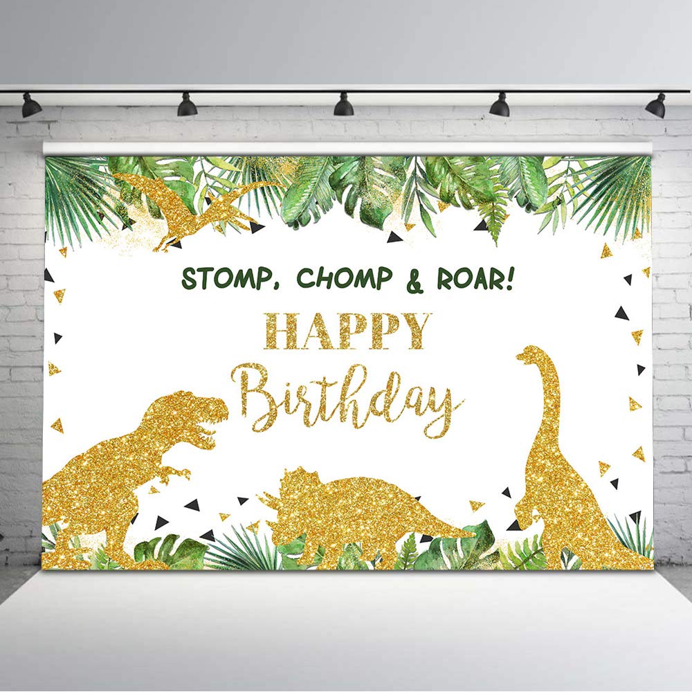 **Avezano 7x5ft Gold Safari Dinosaur Birthday Backdrop - Jungle Dino Party Background Vinyl Glitter Decor for Happy Birthday, Baby Shower & Kids Room Decoration**