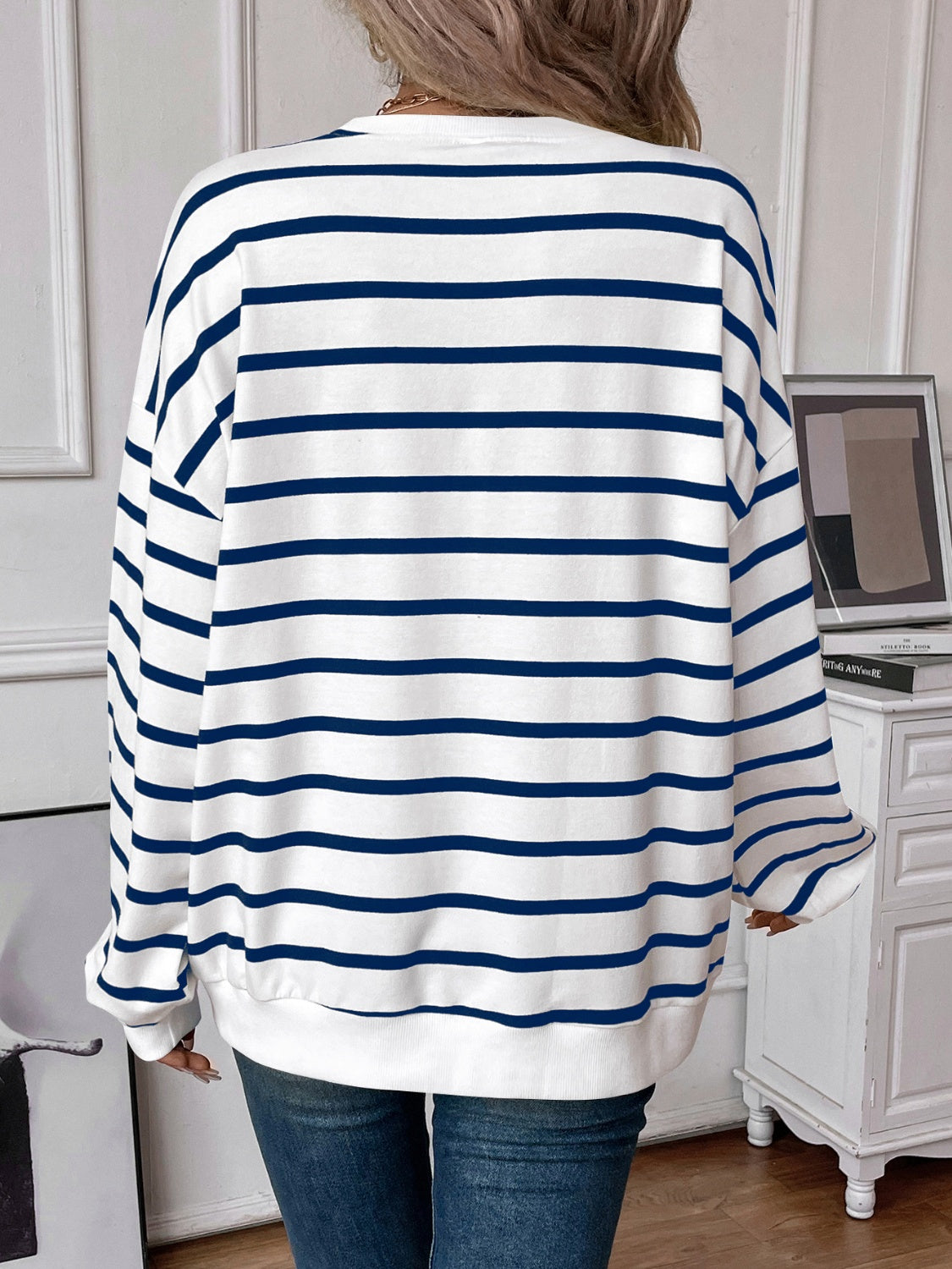 Lovelet Striped Round Neck Long Sleeve Sweatshirt for Women - Cozy Casual Pullover Top for Fall & Winter - Perfect for Lounge, Workout, and Everyday Wear