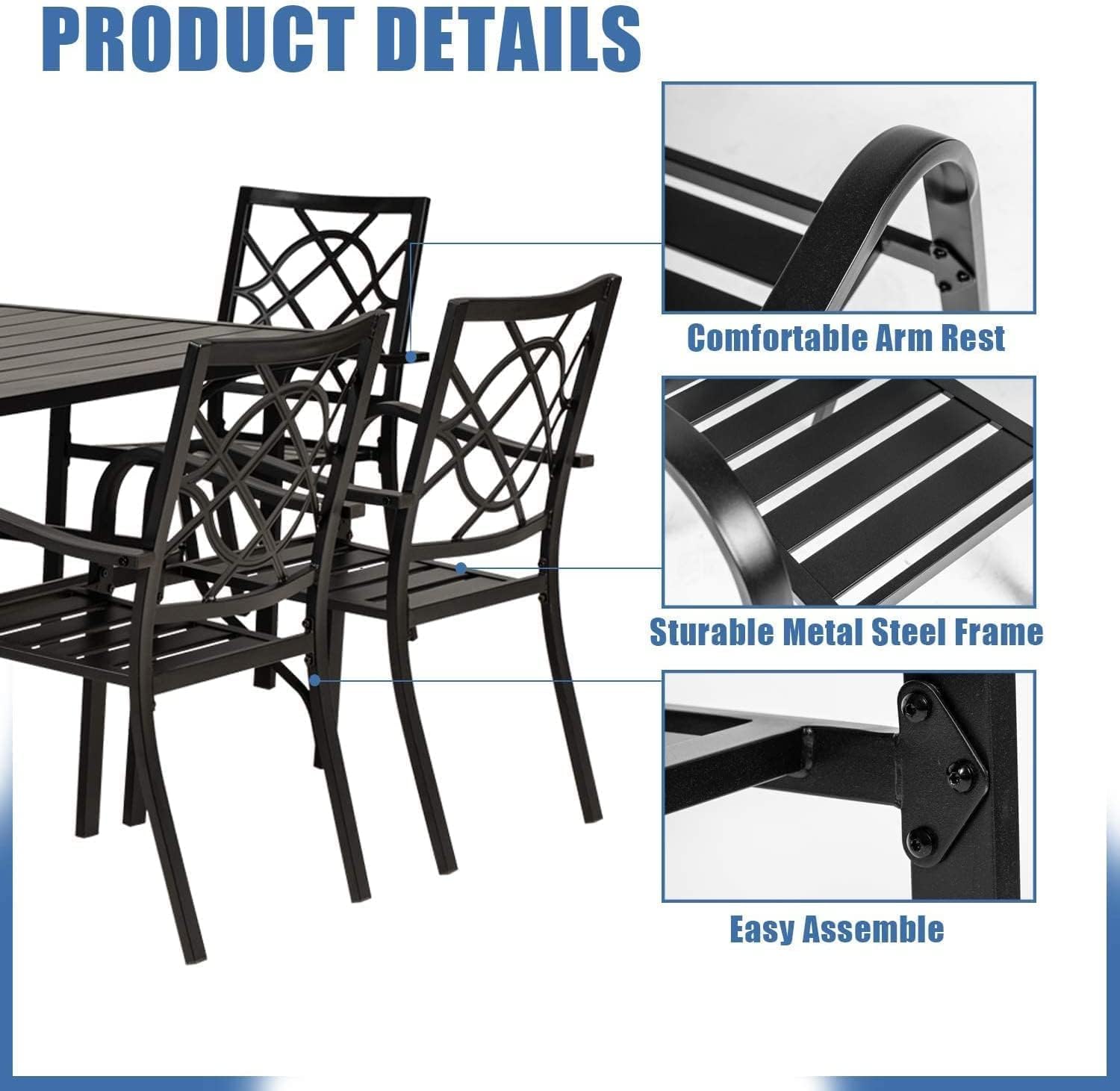 Oakcloud 7-Piece Outdoor Dining Set with Dark Blue Umbrella - Metal Patio Furniture with 6 Stackable Chairs & Rectangle Table (Umbrella Hole Included) - Perfect for Backyard BBQs, Poolside Gatherings & Garden Entertaining