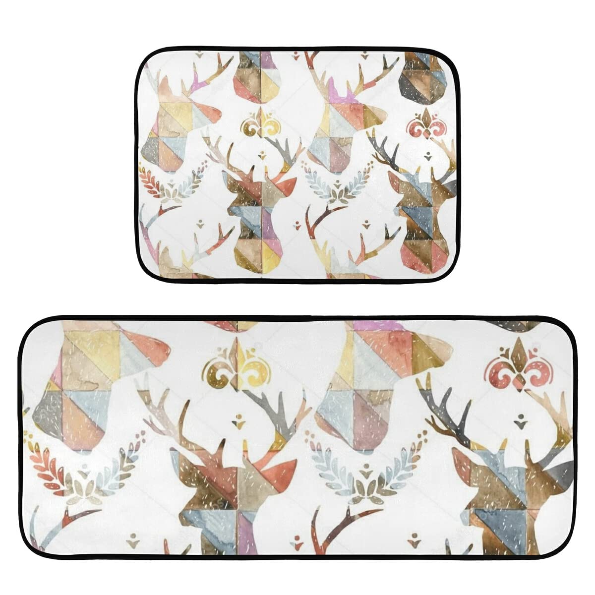 Non-Slip Washable 2-Piece Colorful Deer Kitchen Rugs Set - Durable Floor Mats for Home, Kitchen, Laundry, and Entryway Decoration