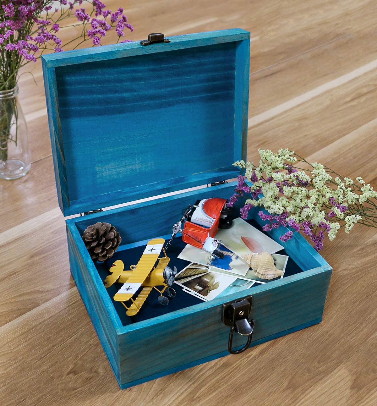 Handmade Blue Wooden Keepsake Box with Lock - Decorative Jewelry Storage Box for Gifts, Home Decor & Organizing - 9.3x7.6x4.5 Inch - Perfect for Wedding Rings, Heirlooms & Keepsake Storage