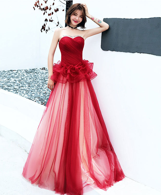 Elegant Burgundy Tulle Long Prom Dress for Women - Formal Evening Gown for Homecoming, Wedding, and Special Occasions