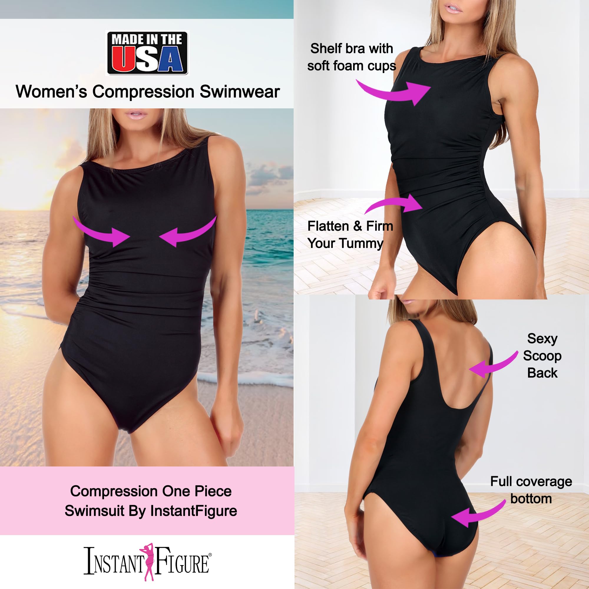 USA-Made Women's Shapewear Swimsuit - High Compression One-Piece with Tummy Control | Slimming Bathing Suit for Beach, Pool & Summer Vacations