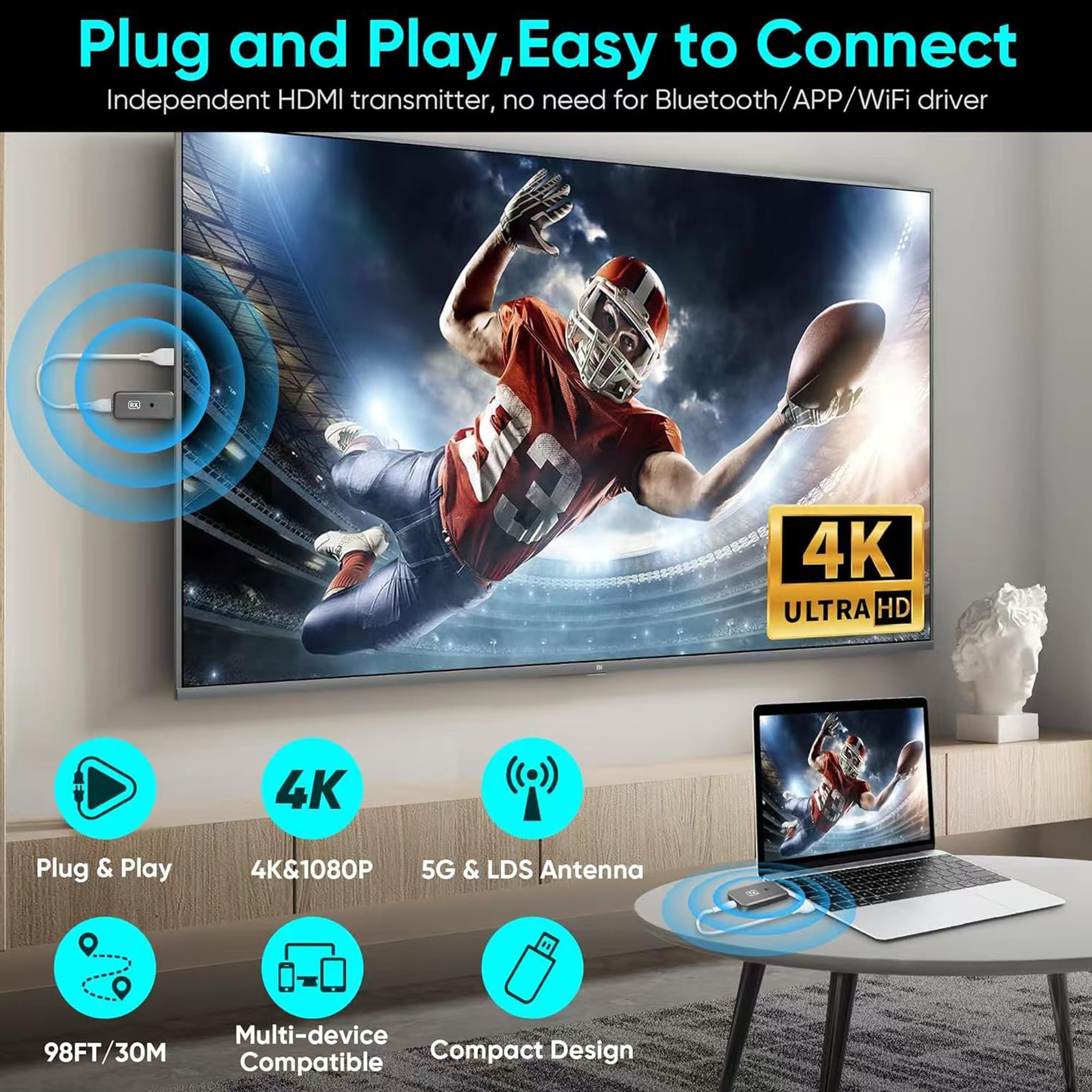 T81 Wireless HDMI Transmitter and Receiver Kit - Plug & Play Portable HDTV Extender for Streaming 4K Video & Audio to TV/Projector/Monitor (Includes USB Cable) - Perfect for Home Theater, Gaming & Office Presentations