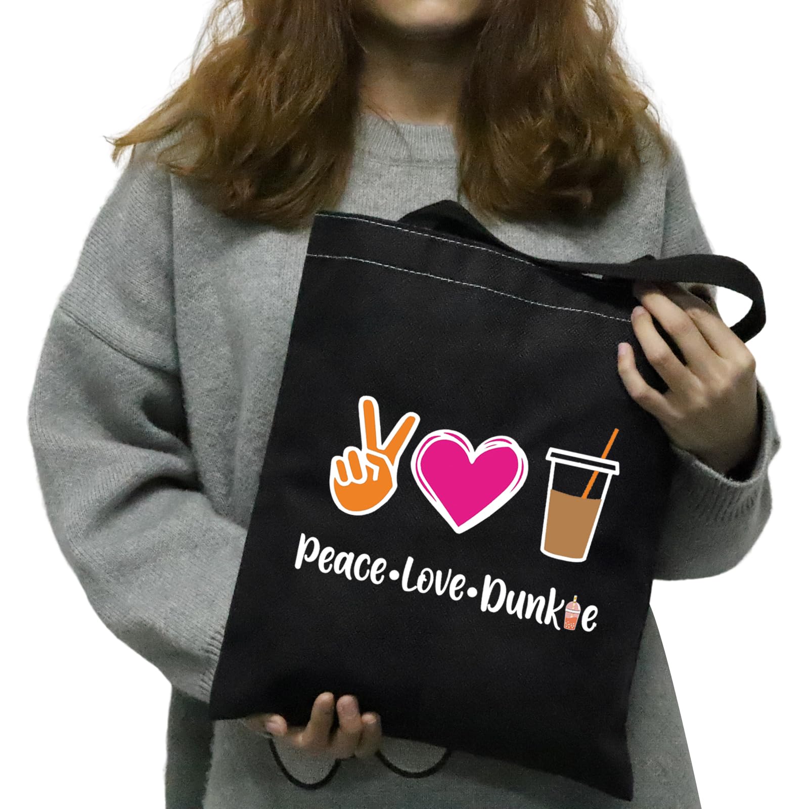 JXGZSO Peace Love Donut Junkie Tote Bag - Cute Coffee & Donuts Themed Cosmetic Pouch - Perfect Gift for Donut Lovers, Coffee Enthusiasts & Shopping - Great for Makeup Storage, Travel Essentials & Daily Use
