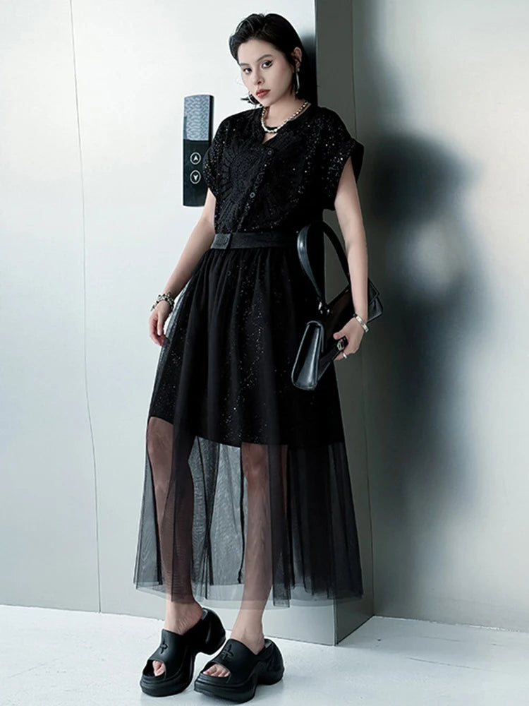 Black Sequin Mesh Dress 2-Piece Set Round Neck Short Sleeve Women's Fashion Outfit for Spring Summer 2025 | Perfect for Parties, Weddings & Night Out