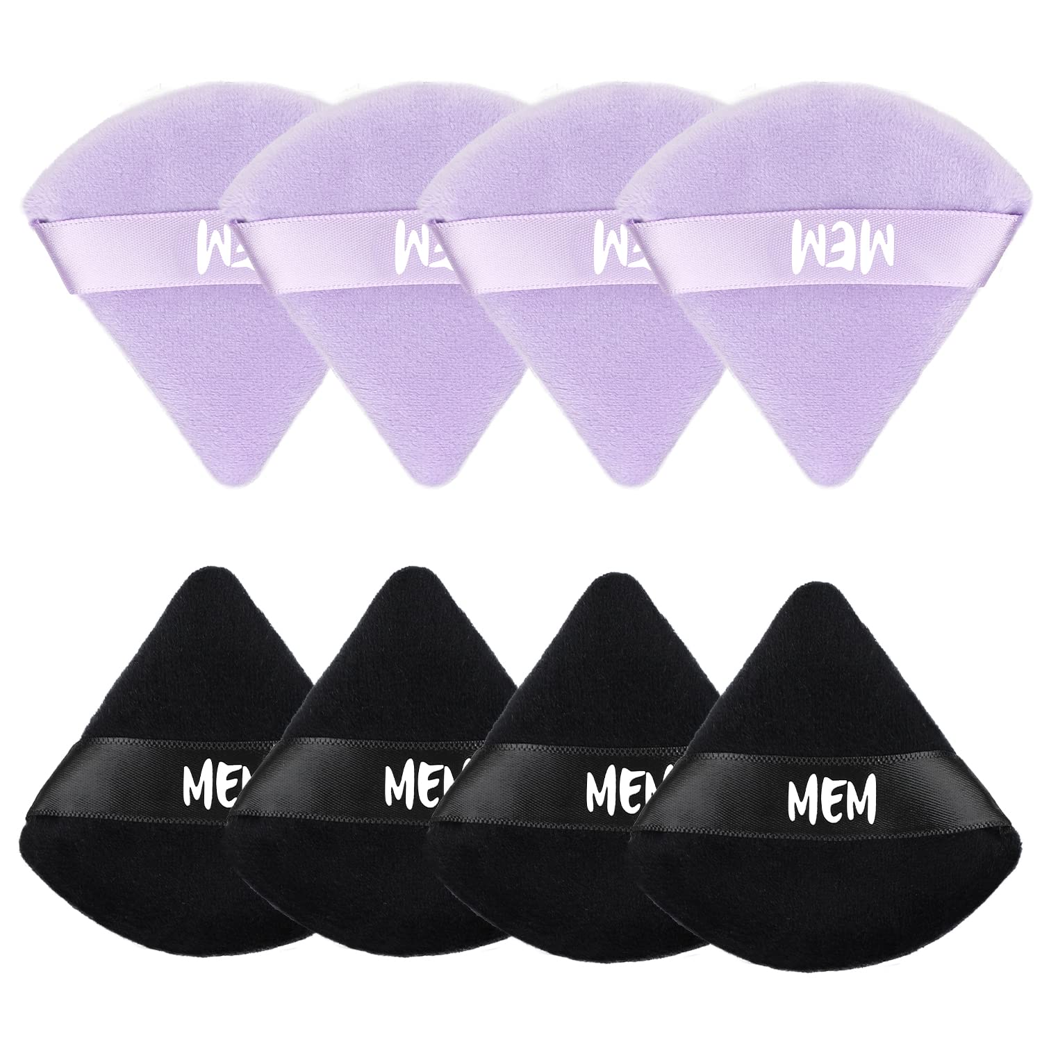 8-Piece MEM Triangle Powder Puff Set - Soft Velour Makeup Sponges for Loose & Pressed Powder Application (Wet/Dry Use) | Skin-Friendly Beauty Blenders with Satin Ribbon Handle | Perfect for On-the-Go Touchups & Professional Makeup Kits