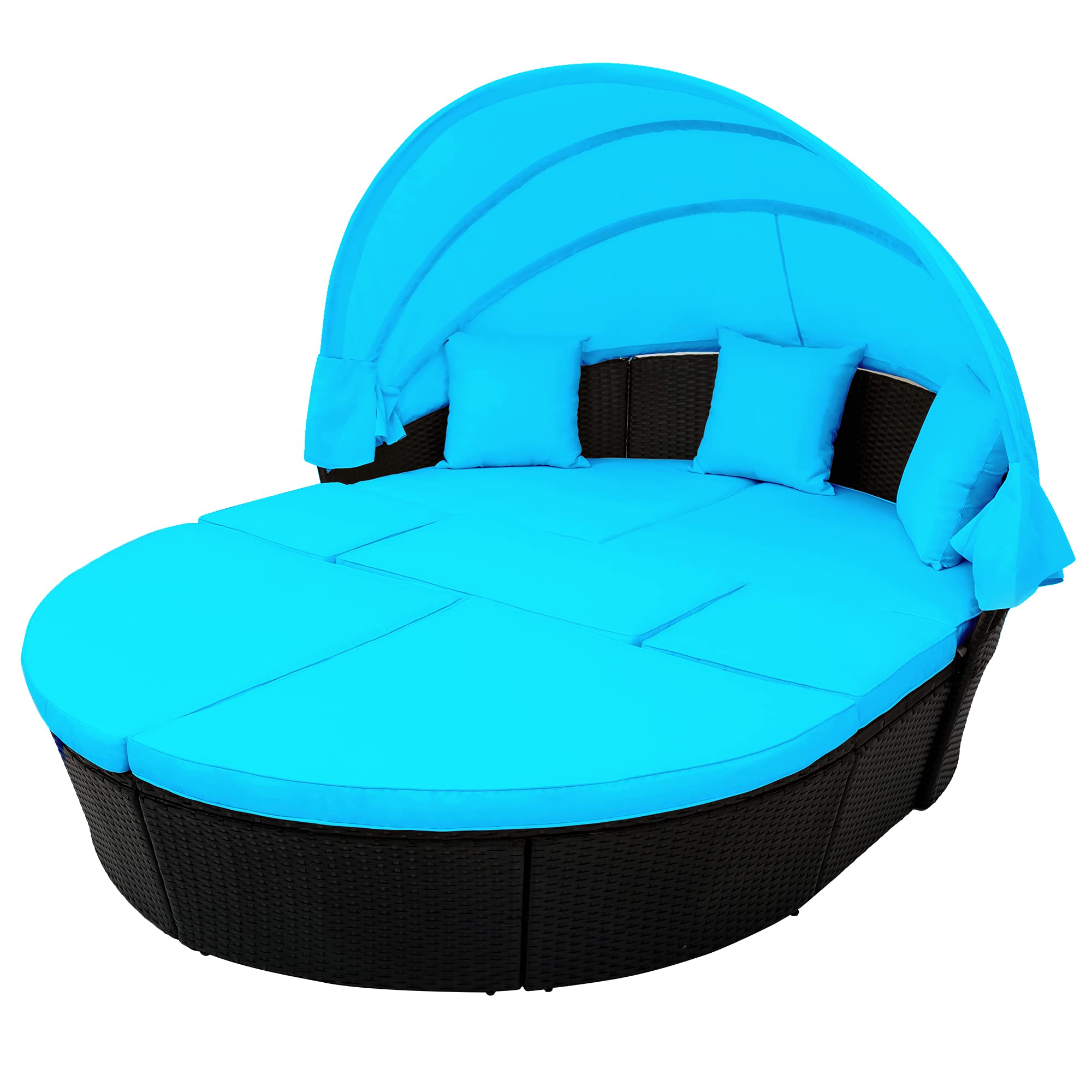 KAAYEE Outdoor Rattan Daybed Sunbed Patio Furniture with Retractable Canopy - Round Wicker Sectional Sofa Set with Washable Cushions, Black Clamshell Seating for Backyard, Garden, Poolside (Blue) | Perfect for Relaxing, Sunbathing and Outdoor Entertaining