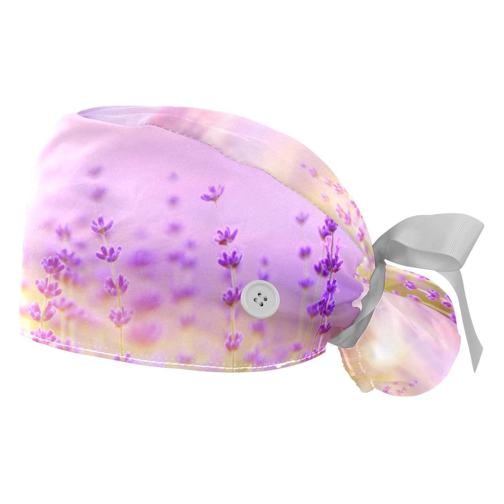 Lavender Flower Print Scrub Hats for Women & Men - 2 Pack Long Hair Surgical Caps with Button Closure & Sweatband - Unisex Tie Back Working Hats for Nurses, Doctors, Healthcare Professionals - Perfect for Hospitals, Clinics & Medical Work Environments