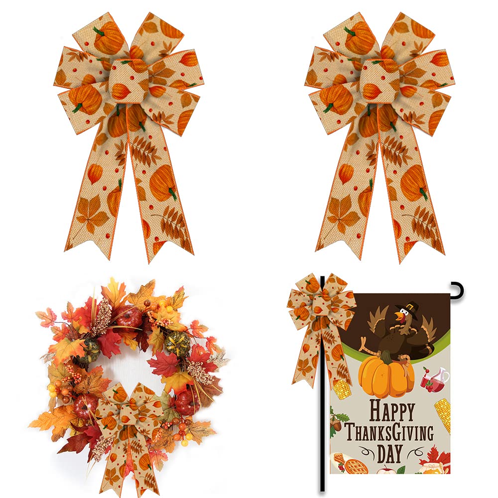 ALIBBON 2Pcs Autumn Wreath Bows - Thanksgiving Decorations with Pumpkin Leaves & Burlap Ribbon - Orange Fall Bows for Front Door, Indoor Outdoor Wall Decor - Perfect for Thanksgiving Wreaths, Mantel Decor & Seasonal Home Decorating