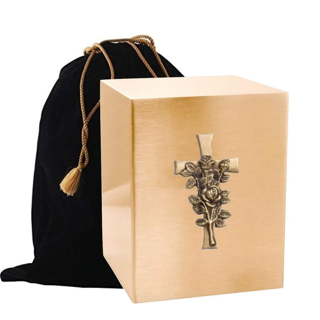 Handcrafted Gold Floral Cross Adult Cremation Urn - Elegant Metal Ashes Keepsake Box for Memorials, Funerals & Home Display