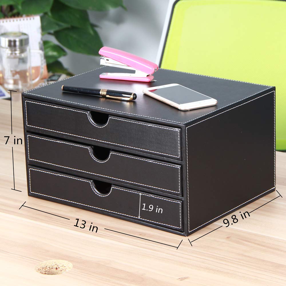 Premium PU Leather Desk Organizer - 3-Drawer A4 File Cabinet for Office & Home Storage (Black)