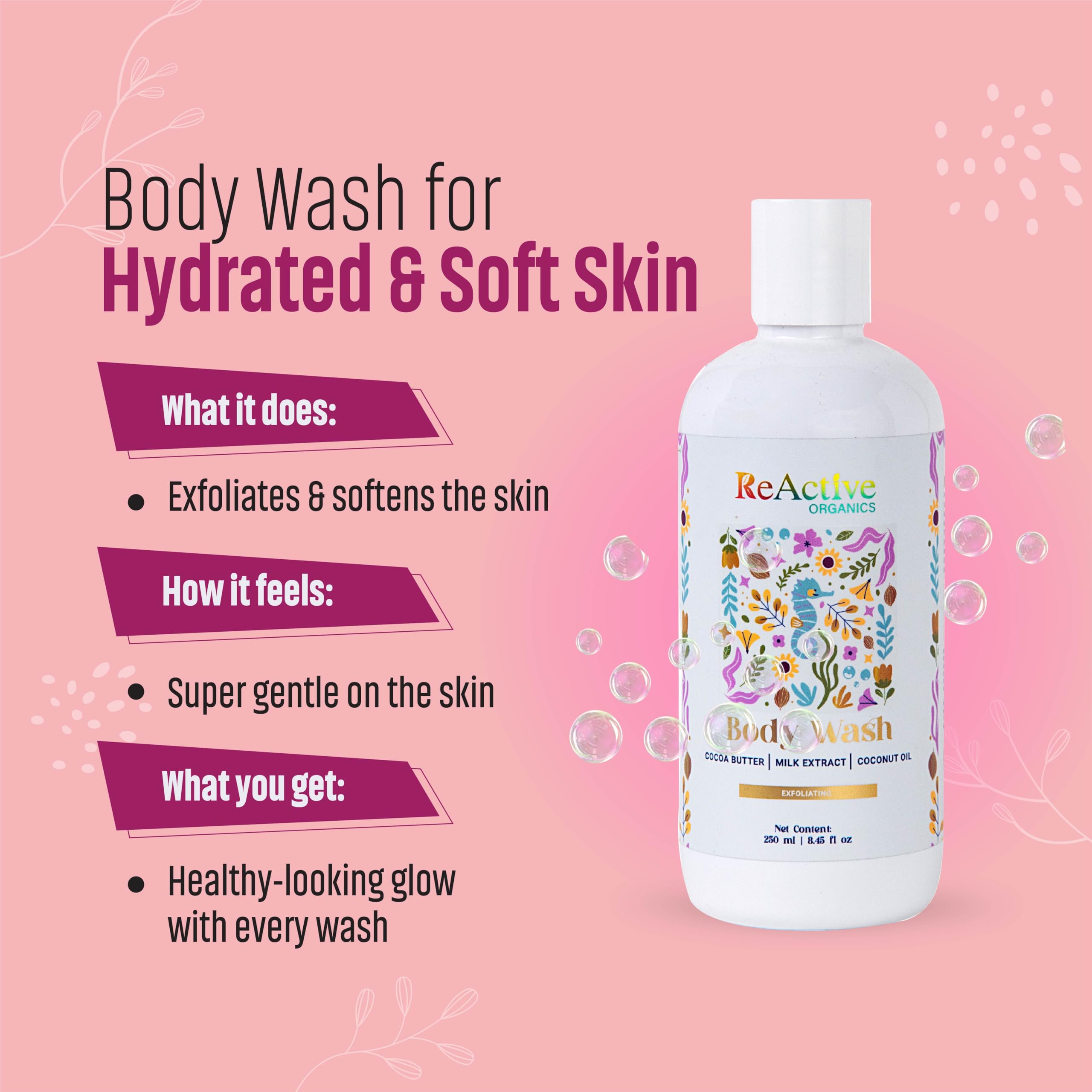 ReActive Organics Exfoliating Body Wash with Coconut Oil, Milk Extract & Cocoa Butter - Hydrating & Brightening Sulfate-Free, Paraben-Free Body Cleanser for Men & Women (250ml) - Perfect for Daily Shower & Spa-Like Skin Care Routine