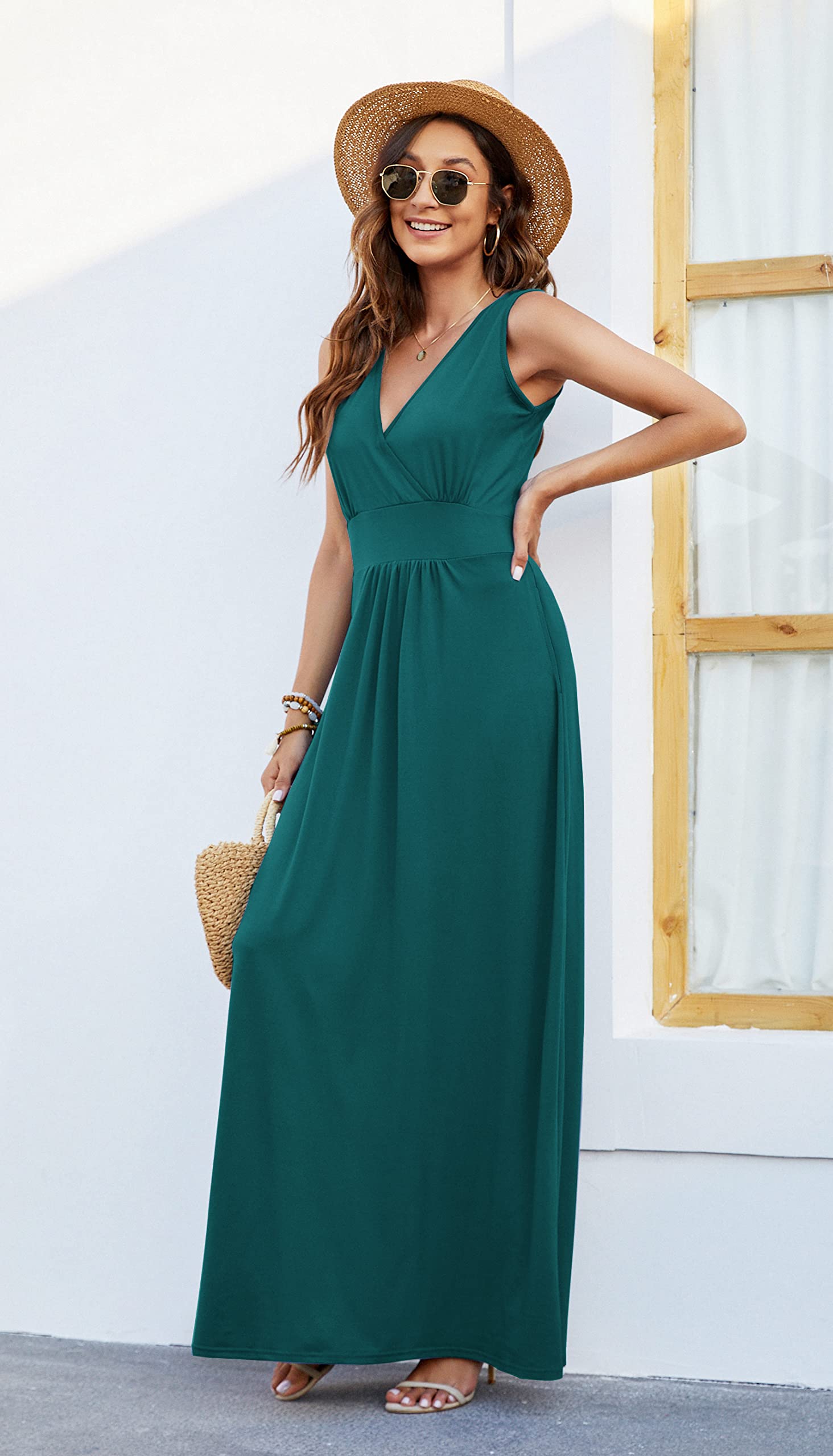 AUSELILY Women's Sleeveless Deep V-Neck Formal Maxi Dress with Pockets - Elegant Plain Cocktail Long Dress for Evening Party, Wedding Guest, Prom & Special Occasions 2025 New