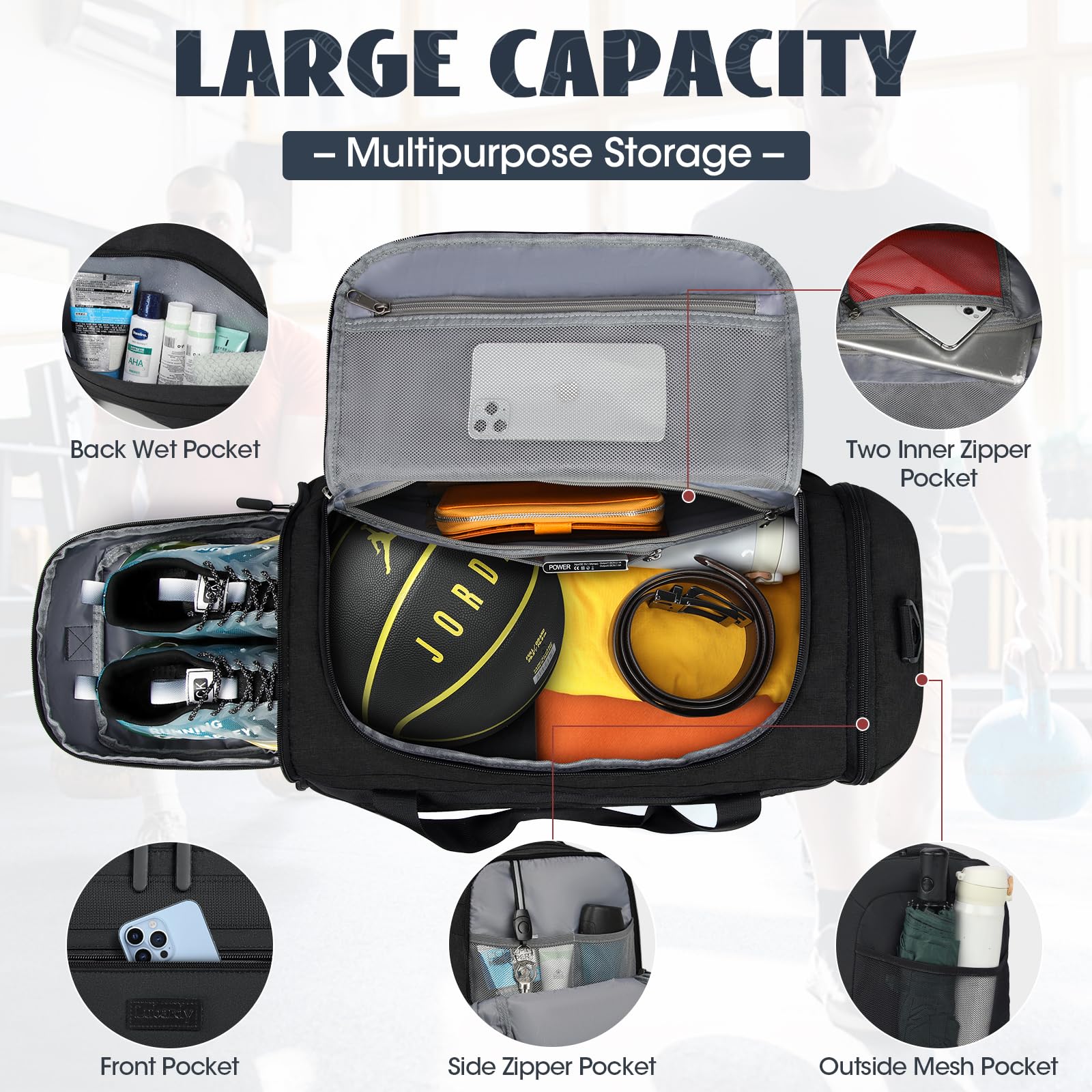 IGOLUMON 55L Gym Bag for Men & Women - Water Resistant Sports Duffel Bag with Shoe Compartment & Wet Pocket - Lightweight Travel Duffle for Gym, Workout, Weekend Trips & Overnight Stay - Black