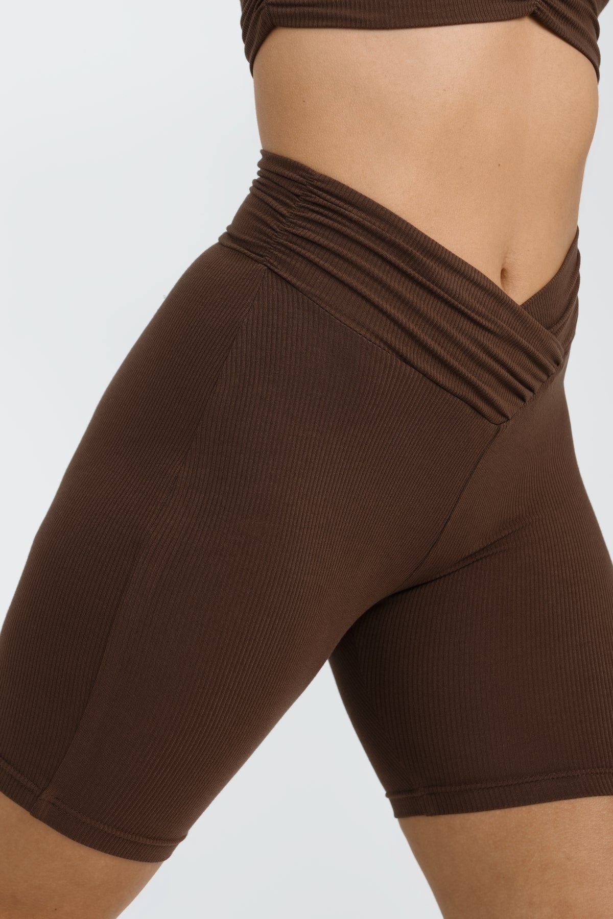 Women's Demi V Cut High Waisted Shorts - Chocolate Brown for Summer Casual Wear & Beach Outfits