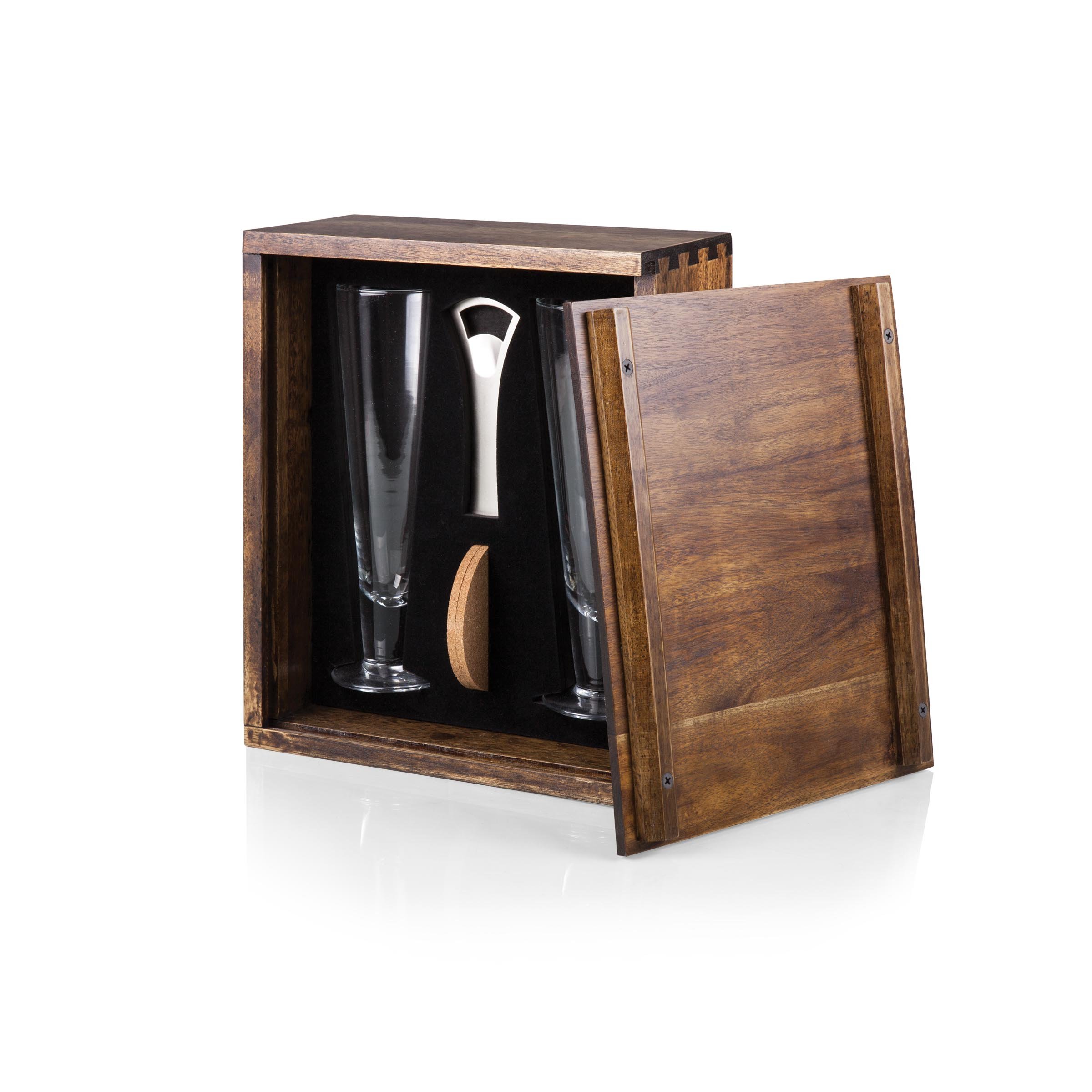 PICNIC TIME - Acacia Wood Pilsner Craft Beer Set with 2 Premium Beer Glasses - Perfect Gift for Beer Enthusiasts - Ideal for Outdoor BBQs, Parties & Home Bar Decor
