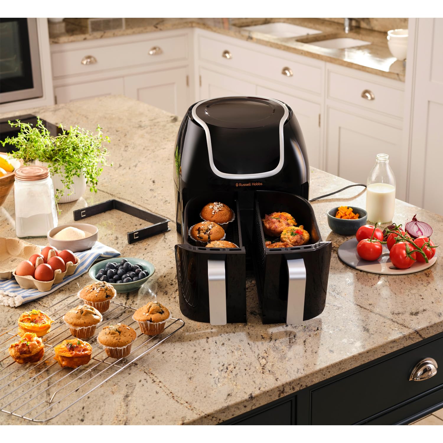 Russell Hobbs Dual Basket Air Fryer 8.5L (2 x 4.25L Baskets) - Oil Free Fryer with 8-in-1 Functions, Touch Screen, Sync Cooking & Add Food Feature, 200°C - Perfect for Family Meals, Healthy Snacks & Quick Dinner Prep - Model N27290-56S