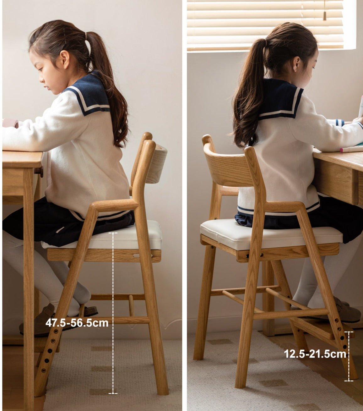Adjustable Height Oak Solid Wood Kids Chair - Sturdy & Ergonomic Design for Study, Dining & Playtime