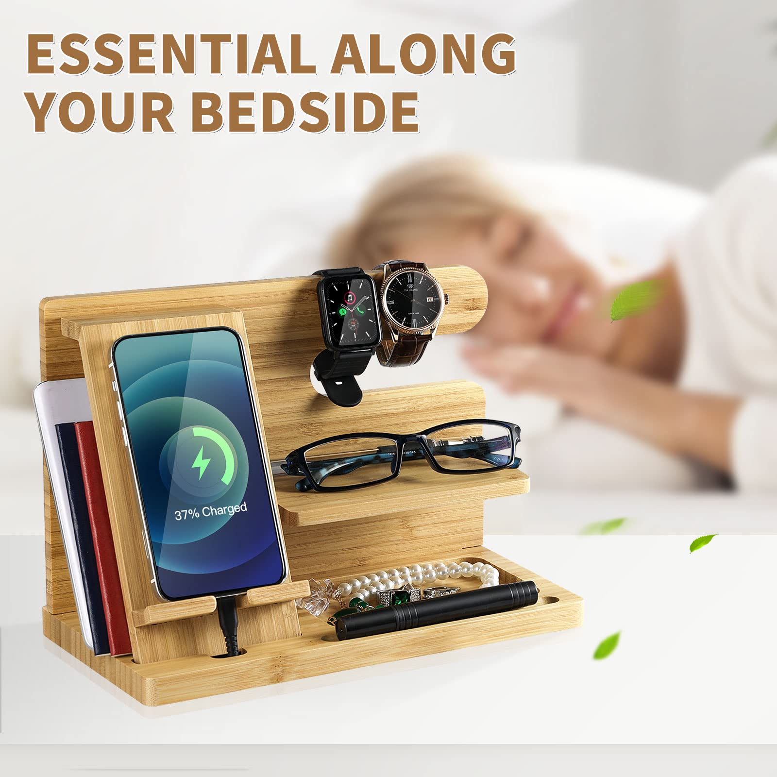 Premium Wooden Docking Station & Charging Organizer for Men - Multi-Device Nightstand Stand for Phone, Watch, Earbuds & Tablets - Perfect Home & Office Electronics Accessory for Neat Charging & Organization