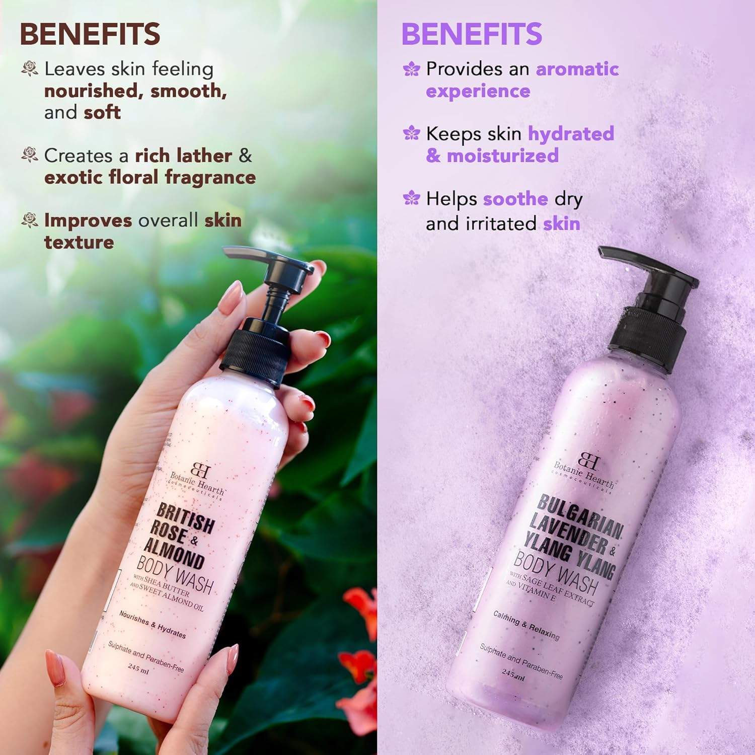 Bottaanic Hearth British Rose & Almond Body Wash and Bulgarian Lavender & Ylang Ylang Body Wash - 2 Pack Set for Relaxing Bath & Shower - Luxury Scented Body Cleanser for Dry & Sensitive Skin - Perfect Gift for Women & Men