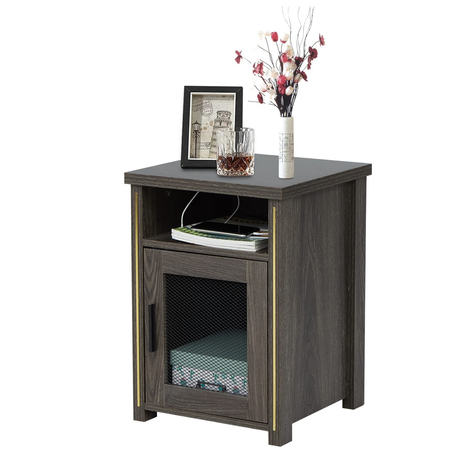 Kinbor Modern End Table with USB Charging Ports - Nightstand with Storage Space & Door for Bedroom, Living Room - Perfect for Charging Devices & Organizing Essentials