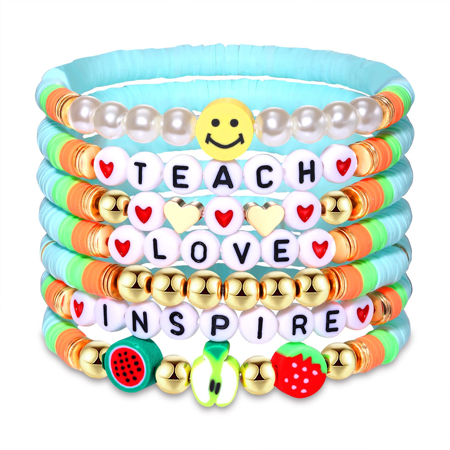 Teacher Bracelets for Women - Stackable Clay Heishi Beaded Stretch Bracelets | Teach Love Inspire Colorful Preppy Bracelet Set | Perfect Back to School & Teacher Appreciation Gifts for Educators, Mentors & Coworkers | Ideal for Classroom Wear, Daily Stacking & Thoughtful Gifting