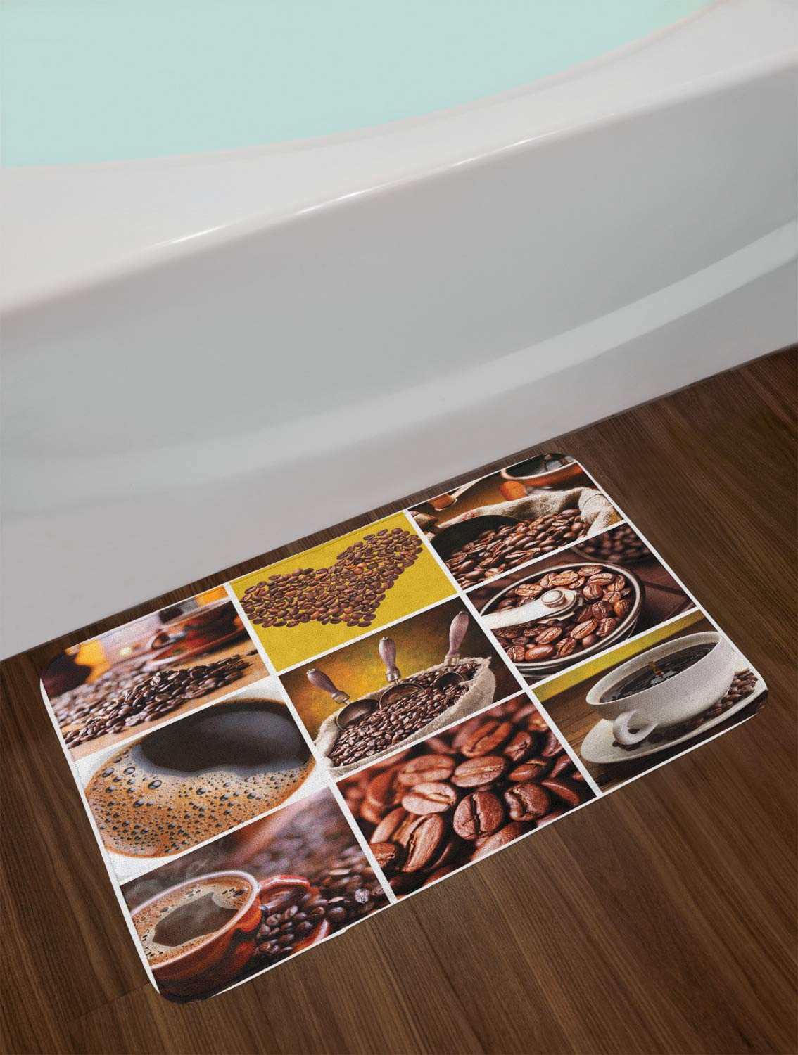 Ambesonne Coffee Themed Bath Mat - Non-Slip Plush Bathroom Rug with Photographic Grid Collage Design, 30.2 x 20 Inches, Brown Mustard - Perfect for Coffee Shops, Cafes & Cozy Home Bathrooms