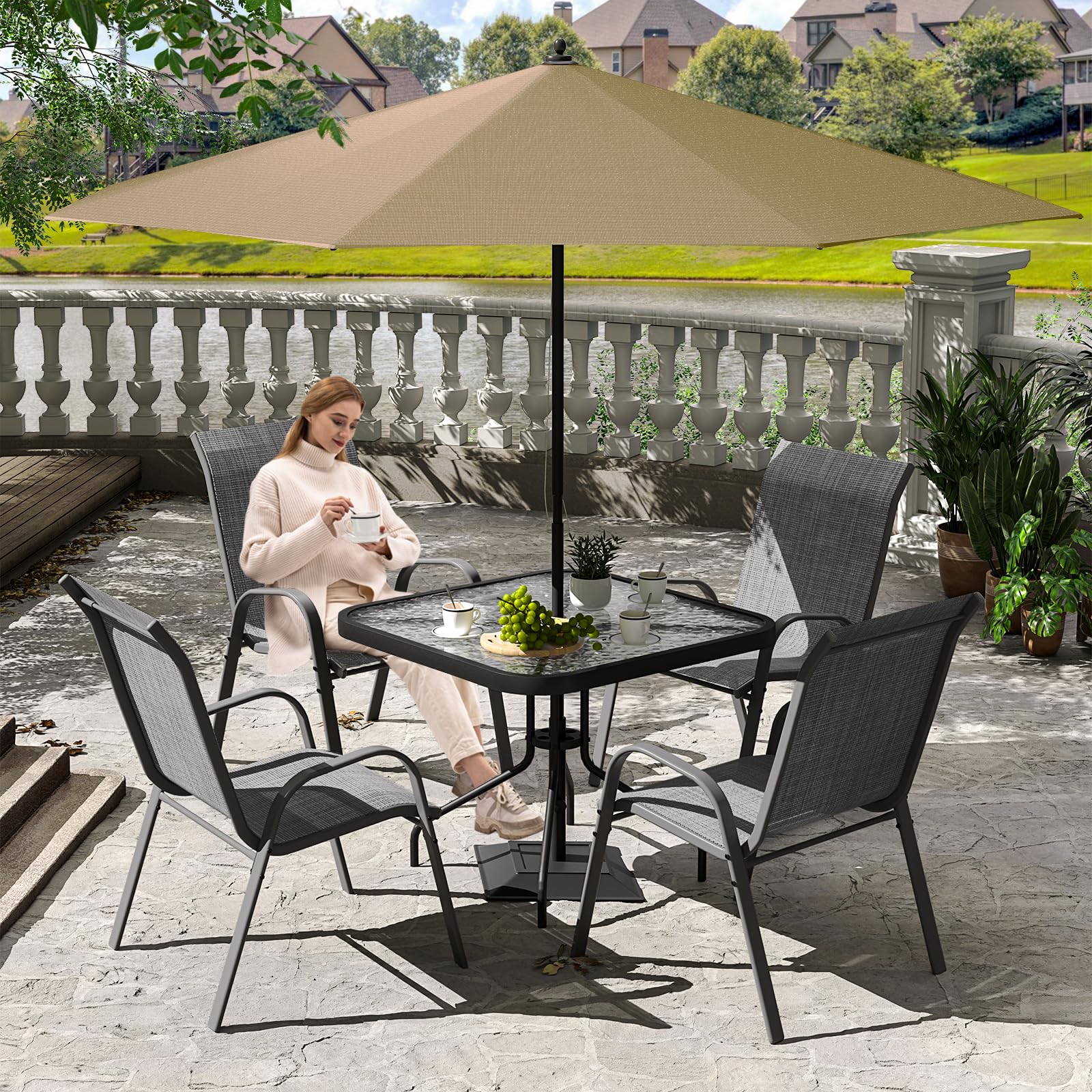 Amopatio 5-Piece Outdoor Dining Set with Textured Glass Tabletop & 4 Stackable Chairs - Patio, Balcony, Porch, Lawn Furniture - Dark Grey | Perfect for Backyard BBQs, Garden Parties & Outdoor Entertaining