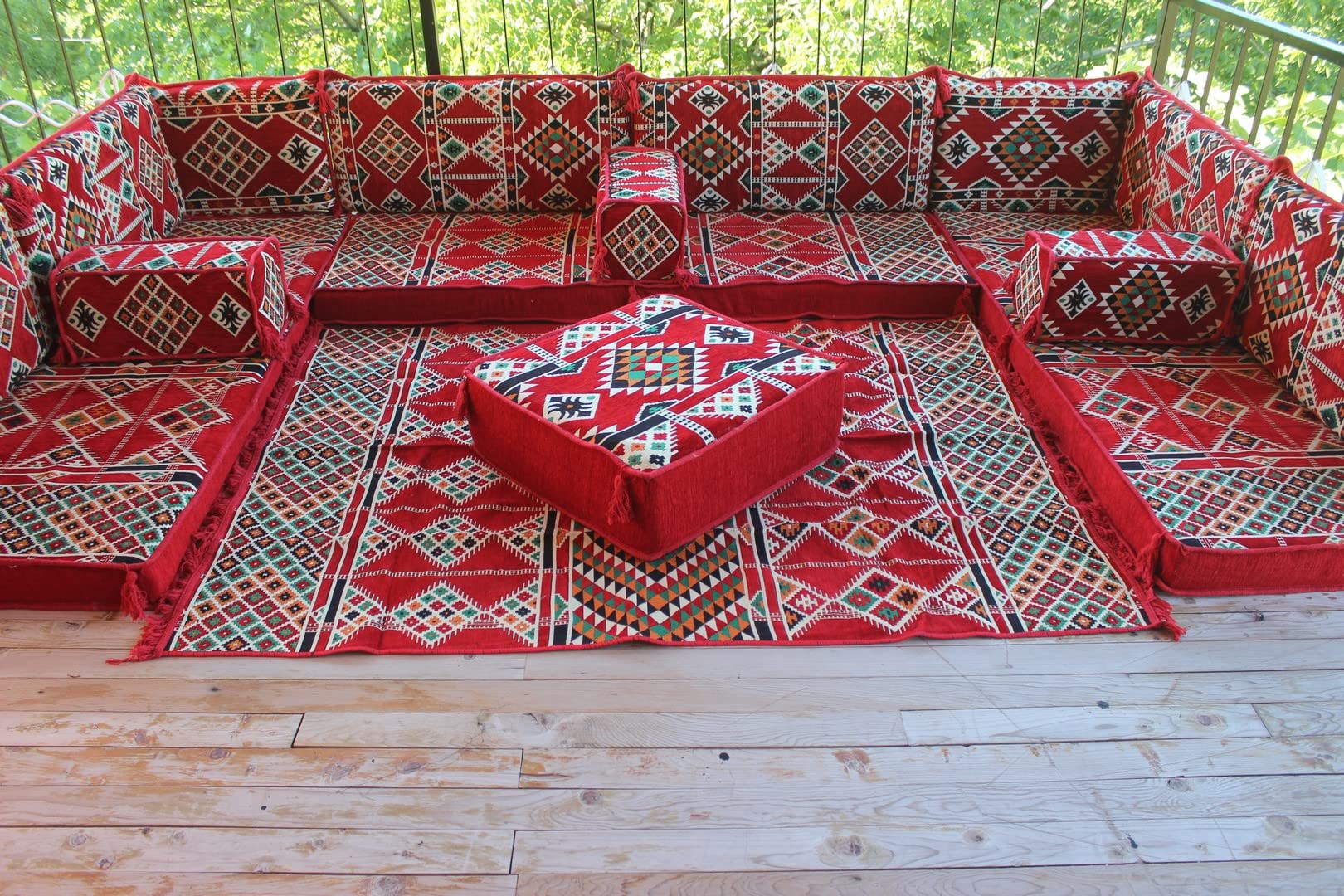 U-Shaped Floor Sofa Set - Red Modular Sectional Cushions for Living Room, Bedroom & Outdoor Patio Furniture | Oriental Decor Bench Sofa with Comfortable Floor Seating