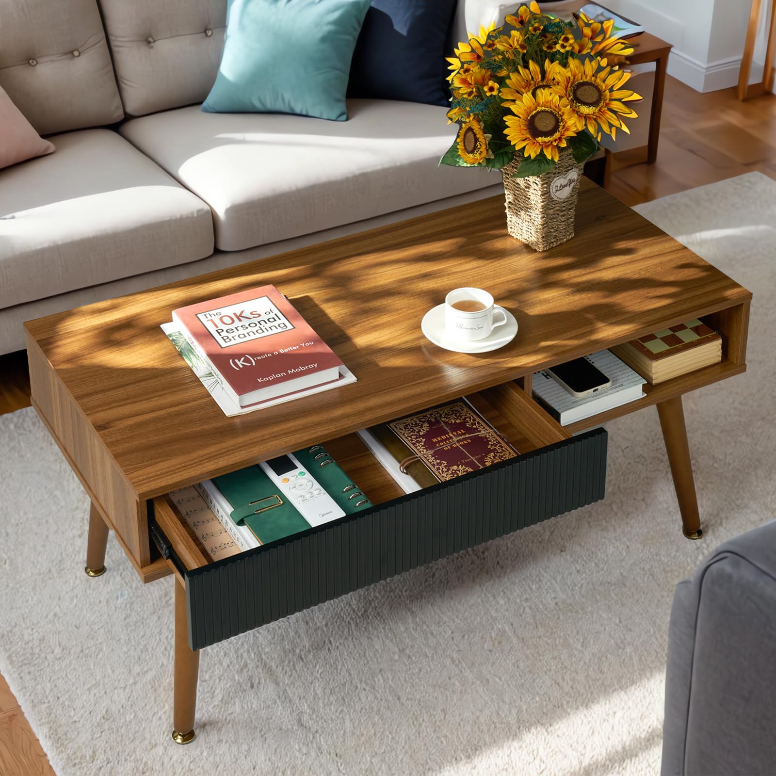 Artswish Mid Century Modern Coffee Table with Drawer & Open Storage - Walnut Wood Living Room Table for Home Decor | Perfect for Small Spaces, Apartments & Cozy Living Rooms