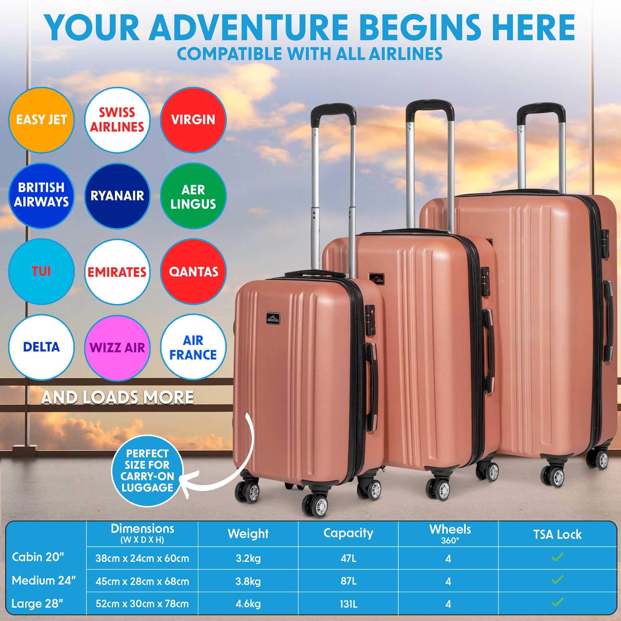 3-Piece Lightweight ABS Luggage Set with TSA Lock - Rose Gold (DL125) for Travel, Business Trips & Vacations