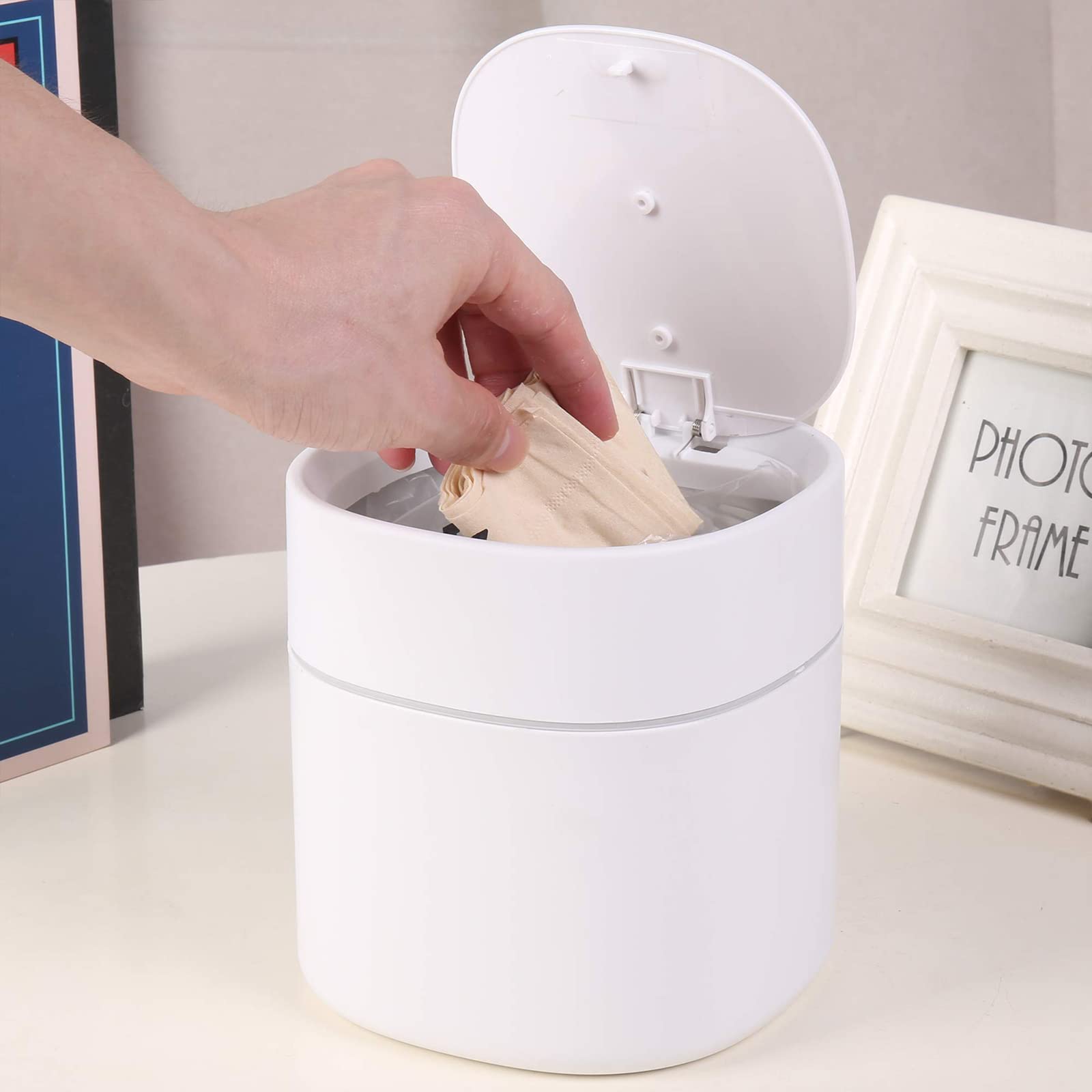 Mini Trash Can with Lid - 2L Small Waste Bin for Bathroom Vanity, Office Desk, Coffee Table - Perfect for Cotton Rounds, Makeup Sponges, Tissues (Square Press, White) | Space-Saving Home & Office Organization Solution