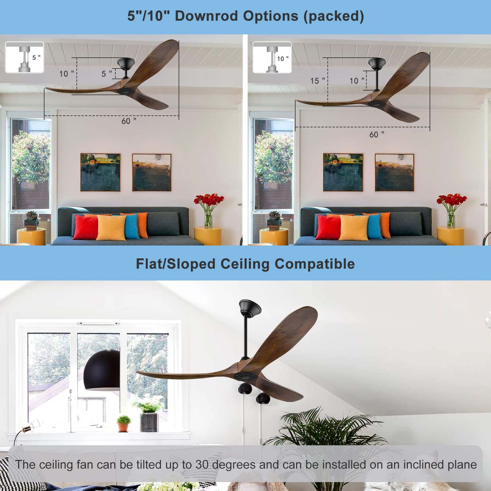 52 Inch Outdoor Wood Ceiling Fan Without Light - Remote Control, 3 Blades Moisture-Proof DC Motor - 6 Speed Silent Operation for Bedroom, Patio, Kitchen & Living Room - Perfect for Indoor/Outdoor Cooling & Air Circulation
