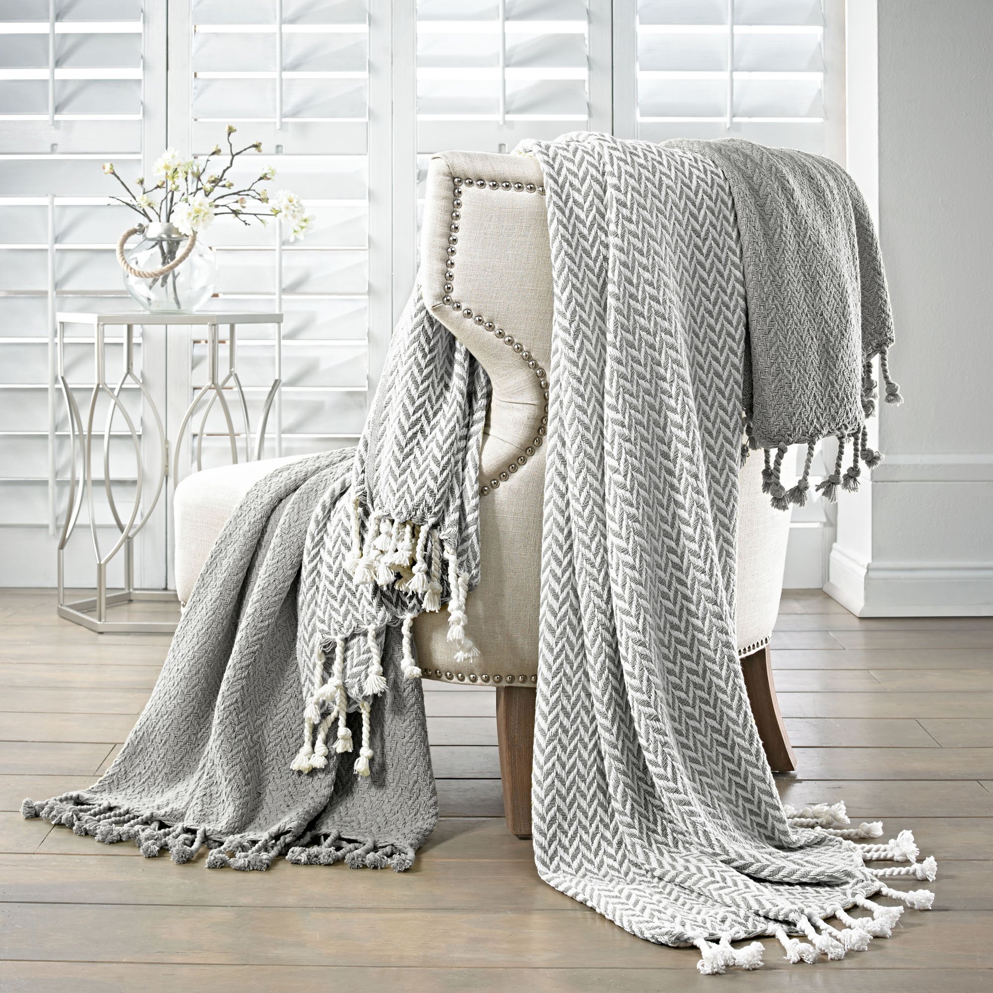 Amrapur Monaco 100% Cotton Throw Blanket Set of 2 - Soft Gray Cozy Blankets for Sofa, Bed & Travel - Machine Washable Lightweight Blankets for Home Decor, Gifts & Outdoor Use