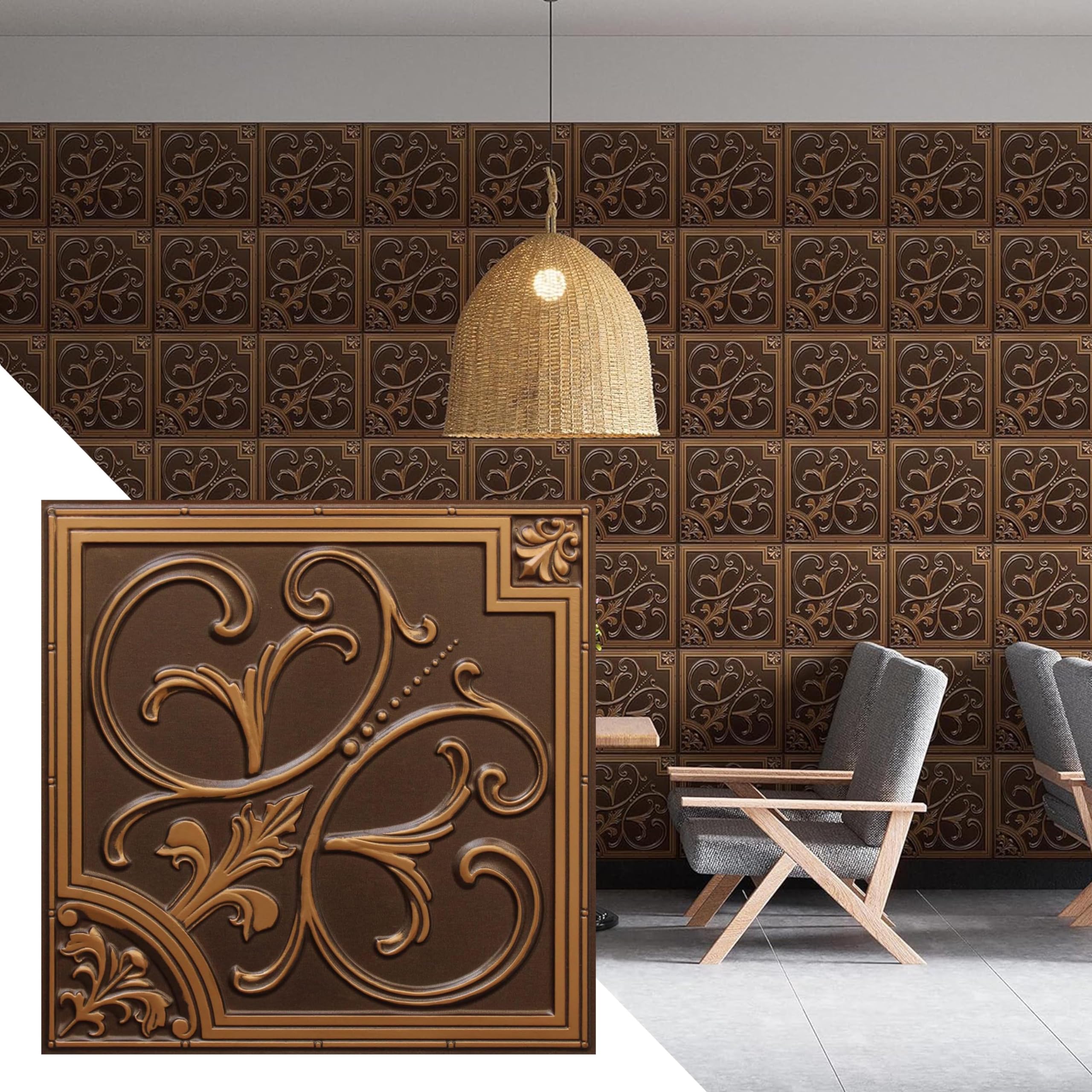 Vintage Botanical 3D PVC Ceiling Tiles - Antique Gold Glue Up or Lay in Panels - 2ft x 2ft (60cm x 60cm) - Pack of 10 - Perfect for Home Renovation, Bedroom Decor, and Commercial Interior Design