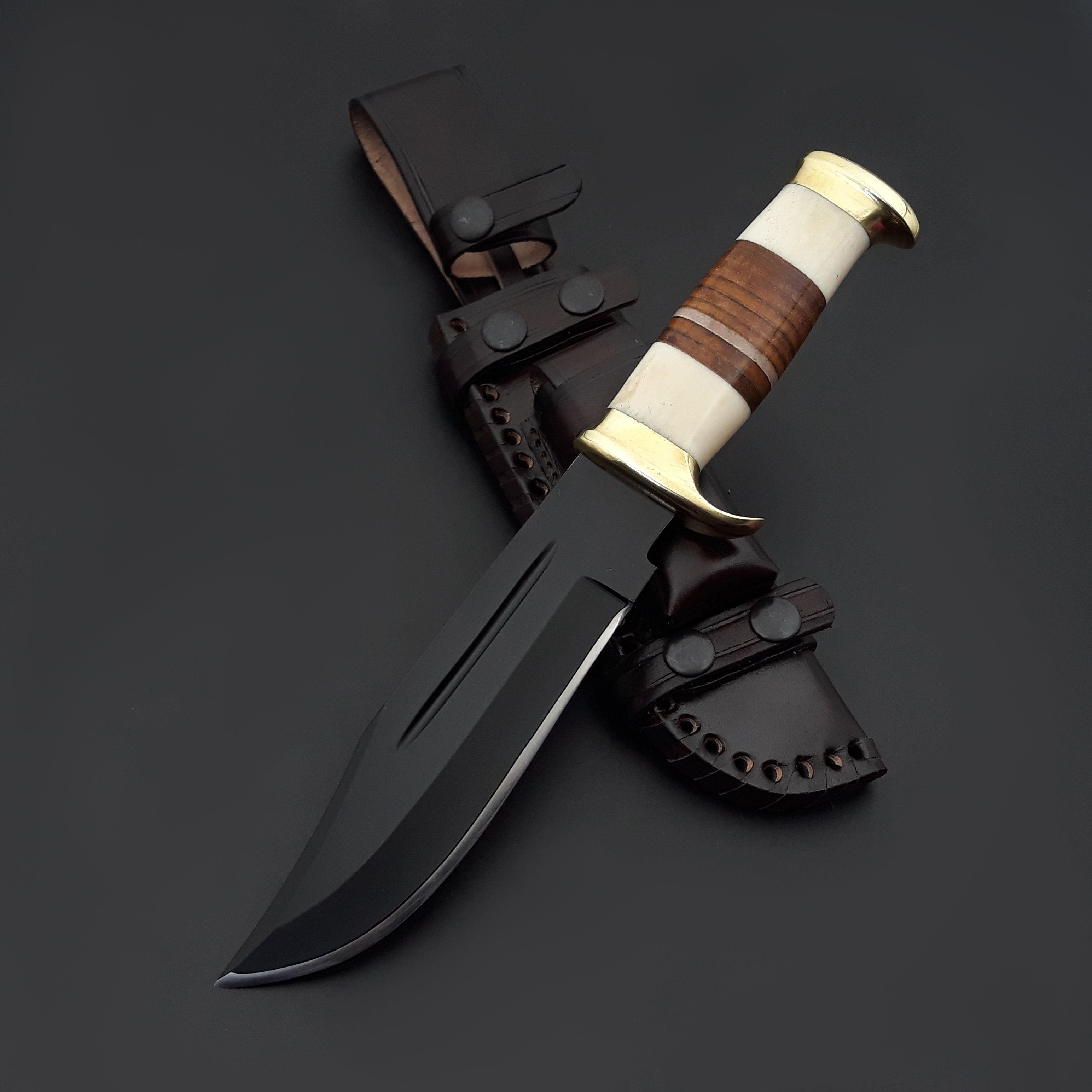 Premium Vindicator Custom Bowie Knife - Genuine Bone & Stacked Leather Handle - Hunting, Camping, Survival & Outdoor Activities