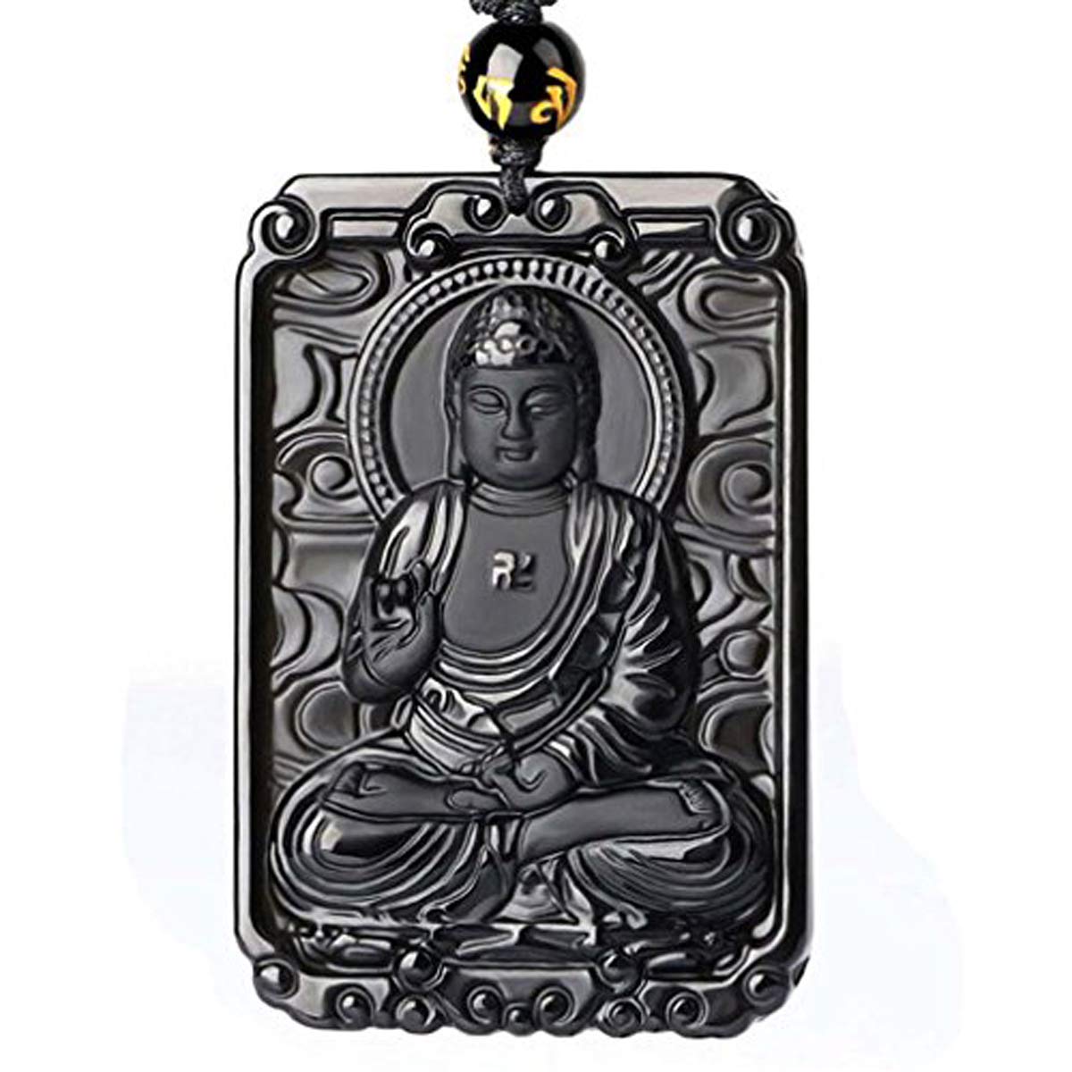 Natural Genuine Obsidian Amitabha Buddha Necklace - Handcrafted Spiritual Amulet for Men & Women | Meditation, Protection & Healing Jewelry